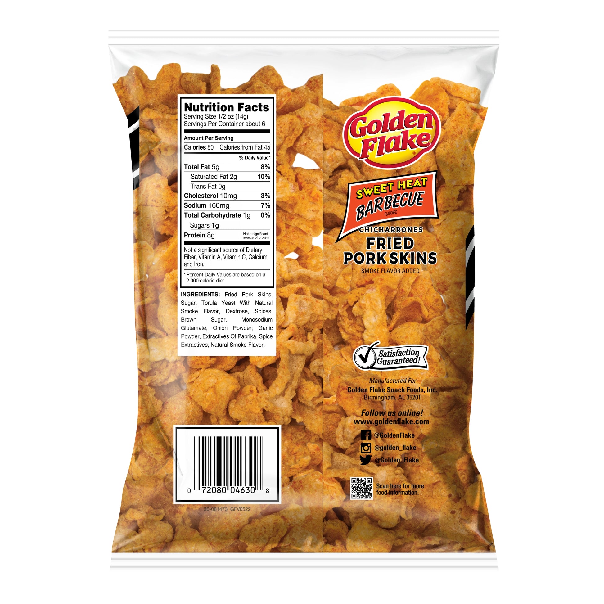 Bag of Golden Flake Sweet Heat Barbecue Fried Pork Skins with nutrition label and branding.