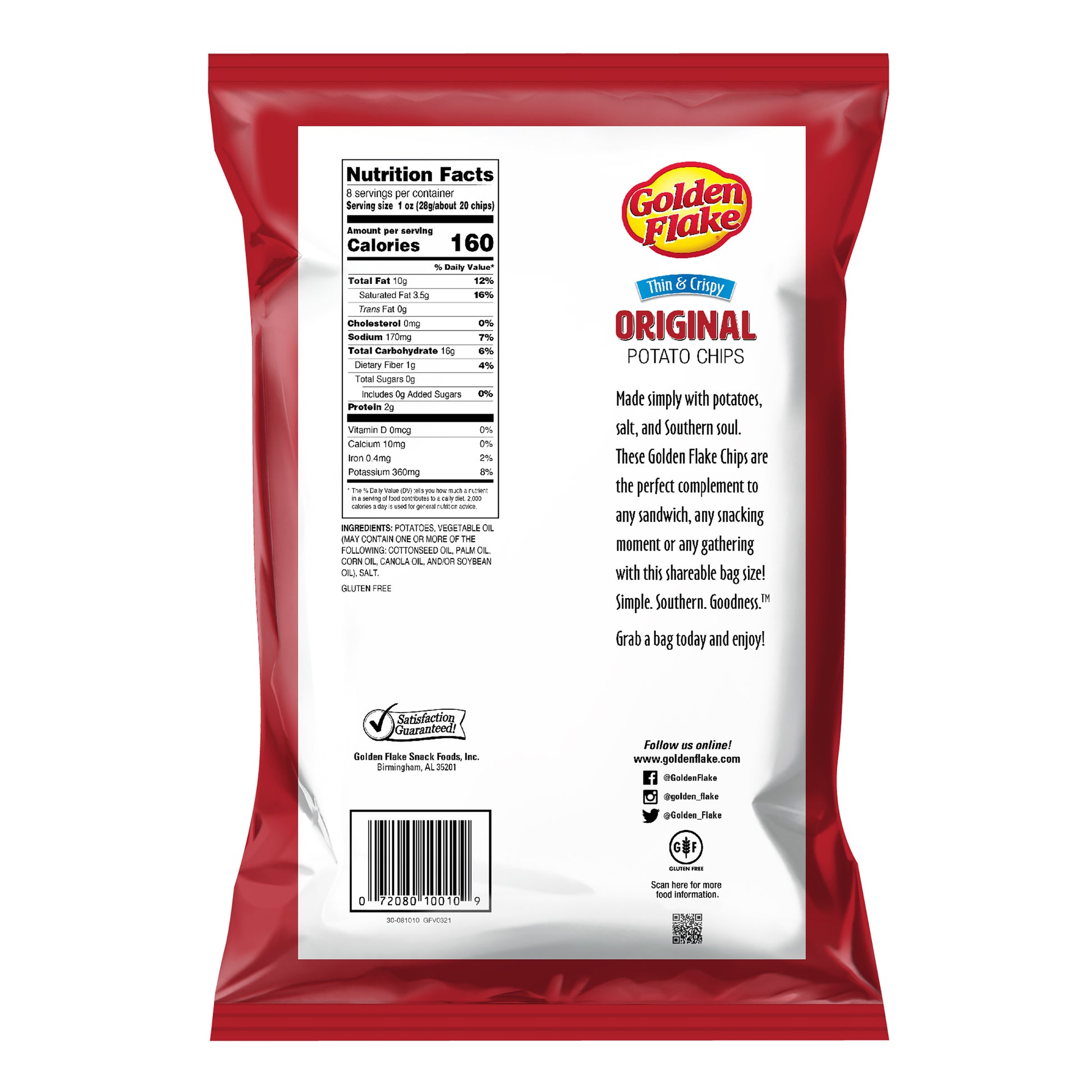 Back view of a Golden Flake potato chips package with nutritional information and description.