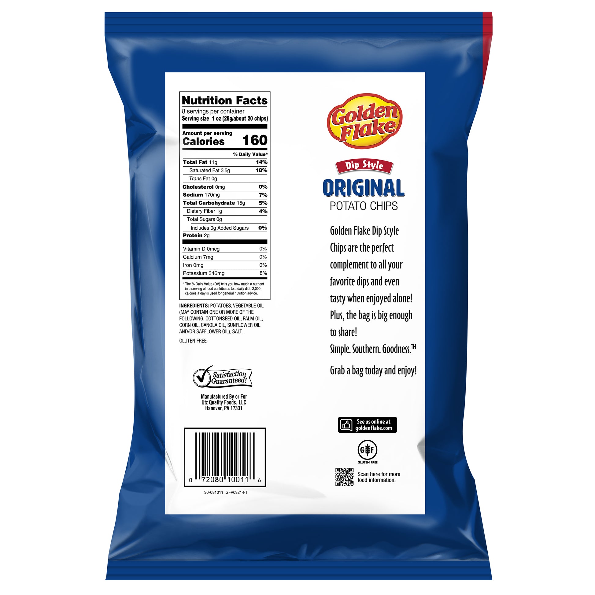 Back view of a Golden Flake Original Potato Chips package with nutrition facts and branding details.