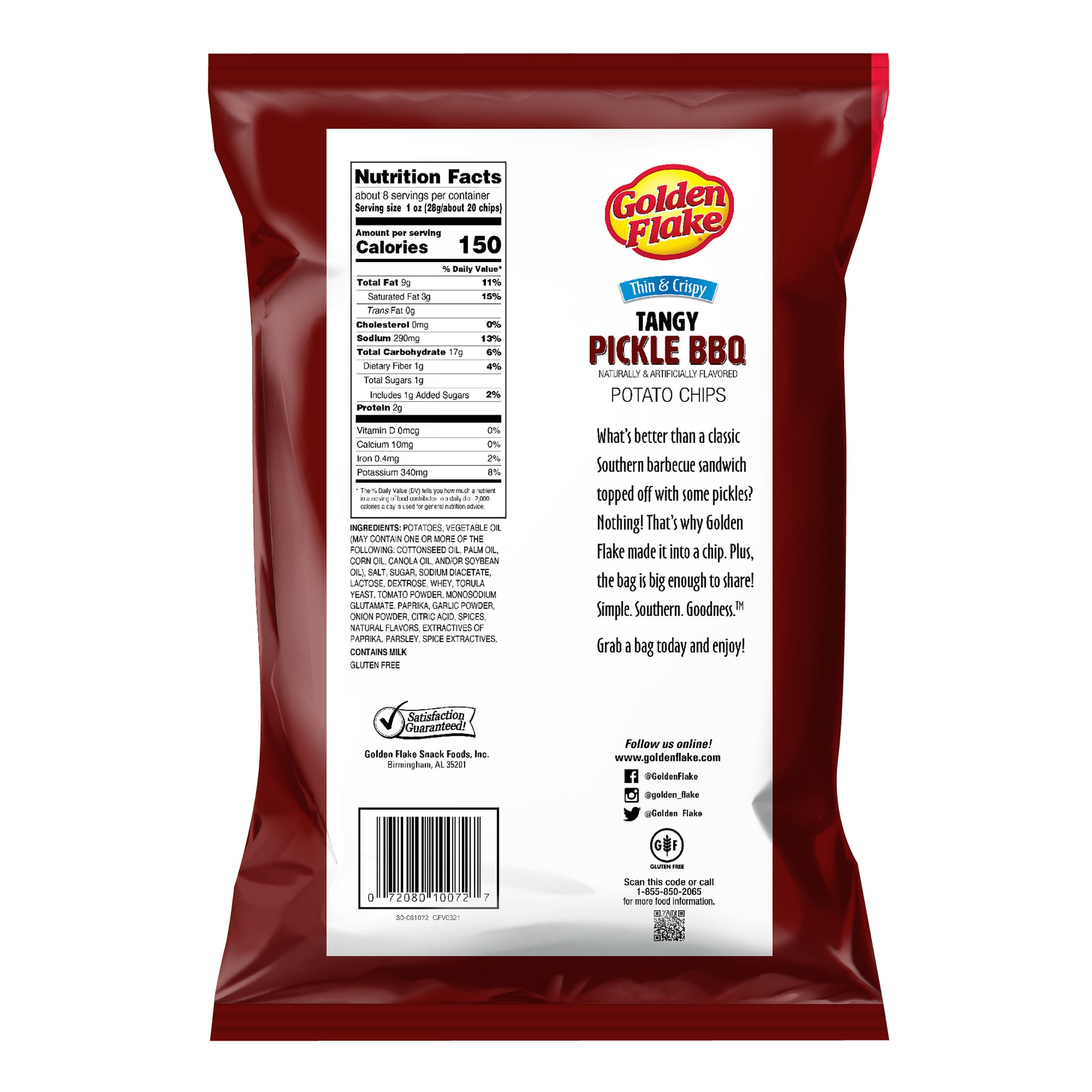 Back of a Golden Flake Tangy Pickle BBQ potato chips package with text and nutrition label.