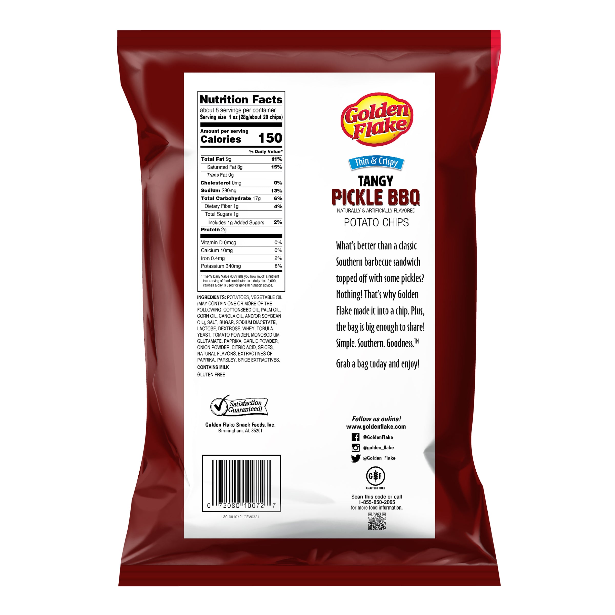 Back of a Golden Flake Tangy Pickle BBQ potato chips package with text and nutrition label.
