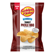 Packaging of Golden Flake Tangy Pickle BBQ potato chips on a white background