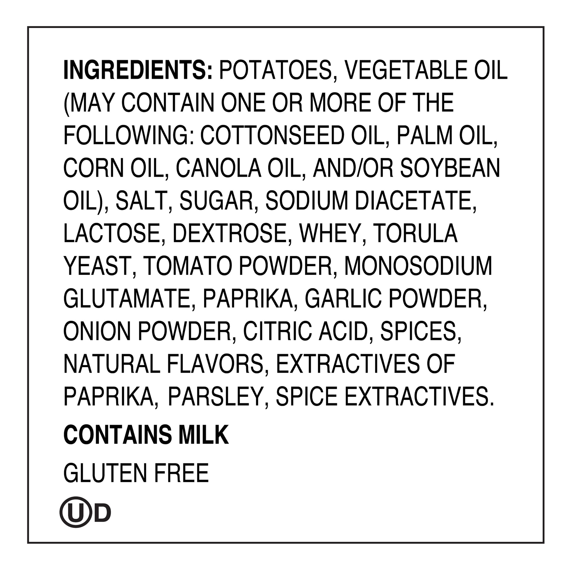 List of ingredients on a food product label with a black border.