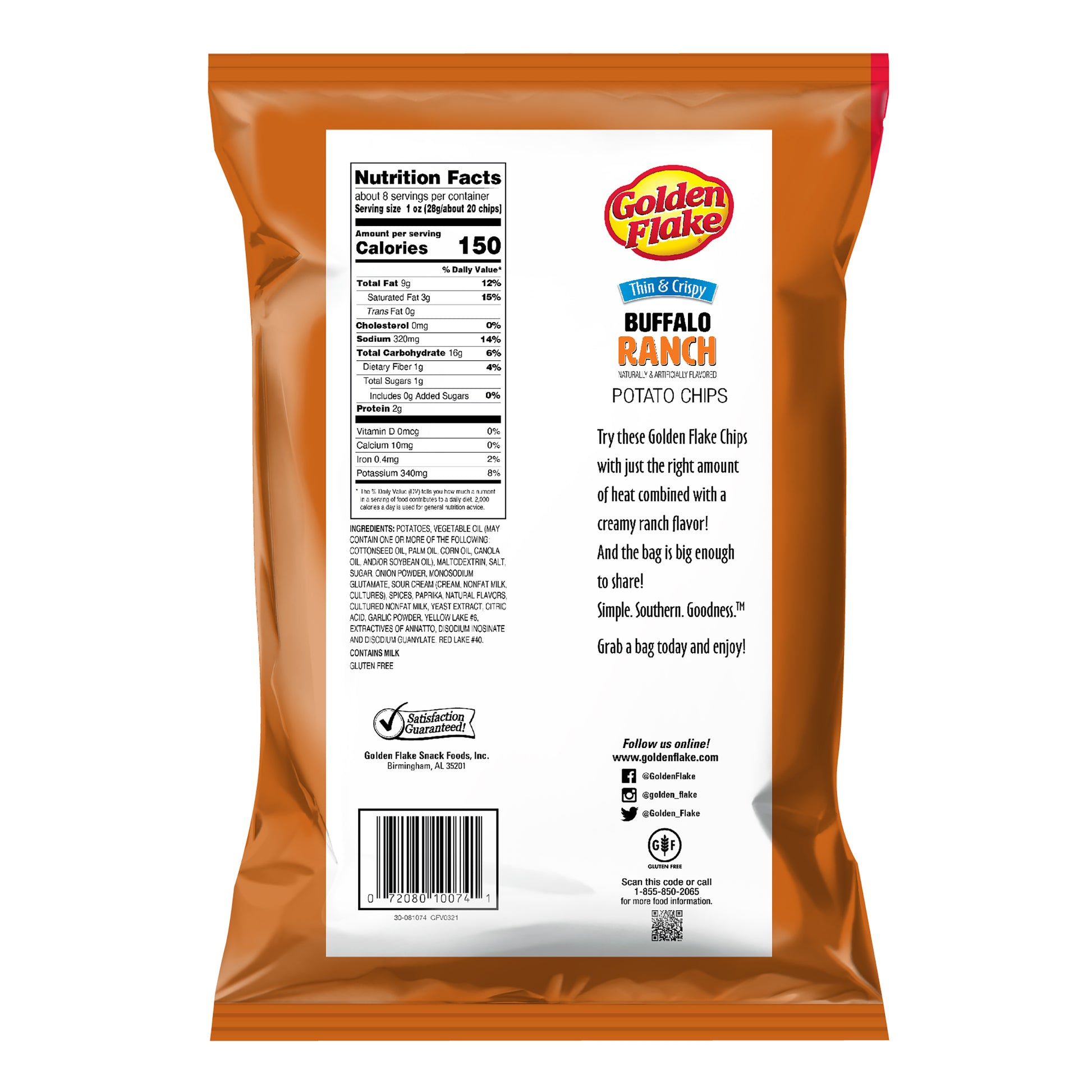 Back view of a Golden Flake Buffalo Ranch potato chip bag with nutrition facts and description.