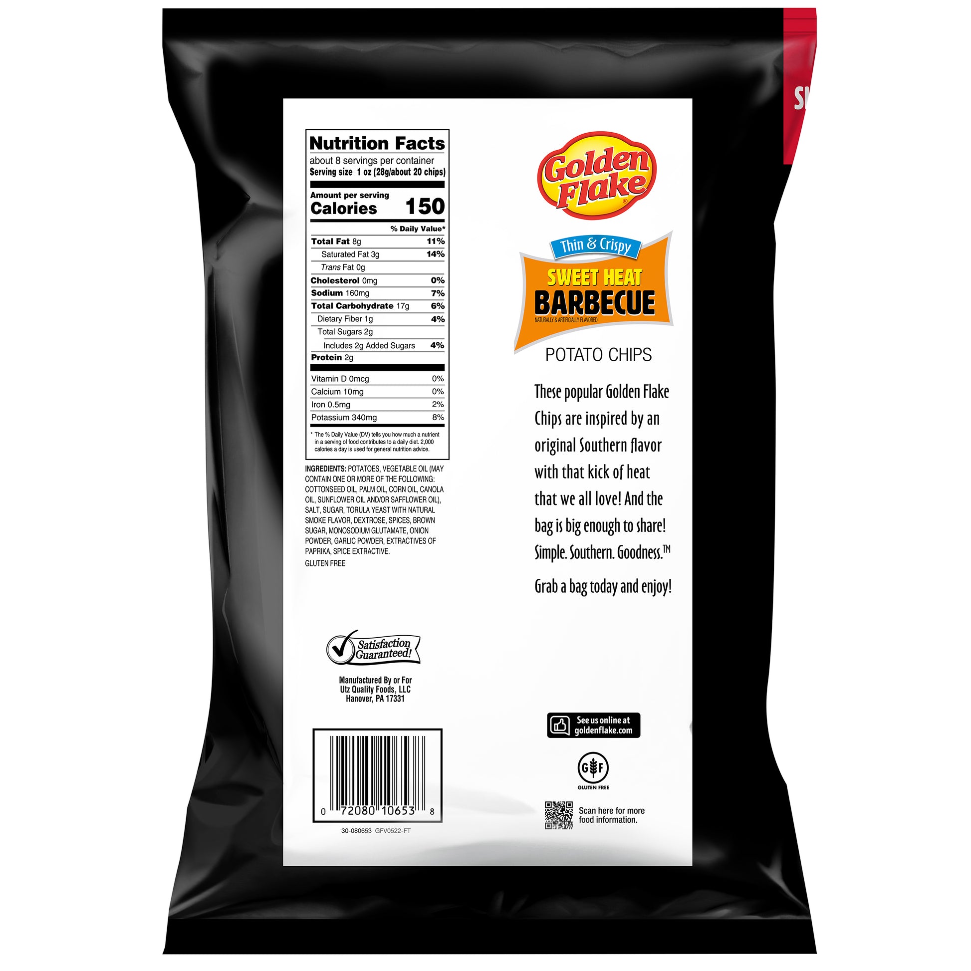 Back view of a Golden Flake Sweet Heat Barbecue potato chips packaging with nutritional information and brand details.