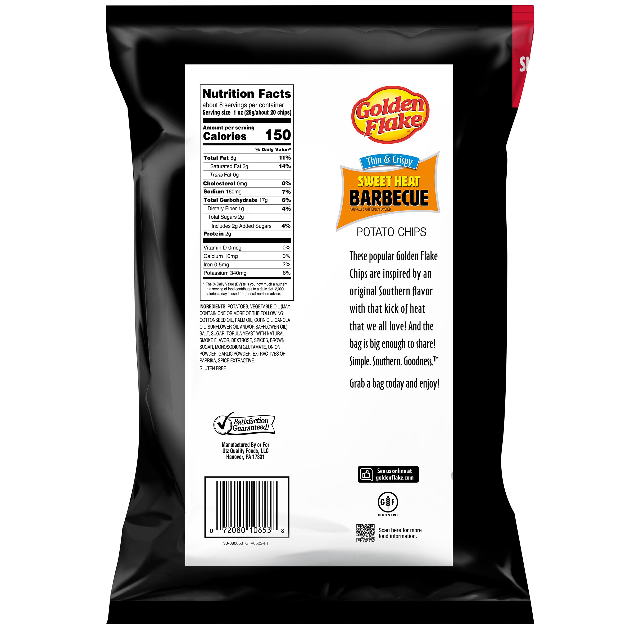 Back view of a Golden Flake Sweet Heat Barbecue potato chips packaging with nutritional information and brand details.