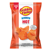 Packaging of Golden Flake Hot potato chips on a white background