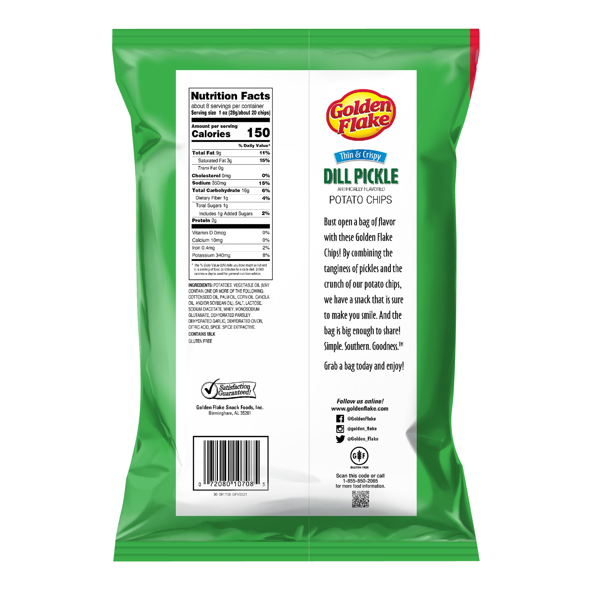 Green package of Golden Flake Dill Pickle potato chips with nutrition facts label.