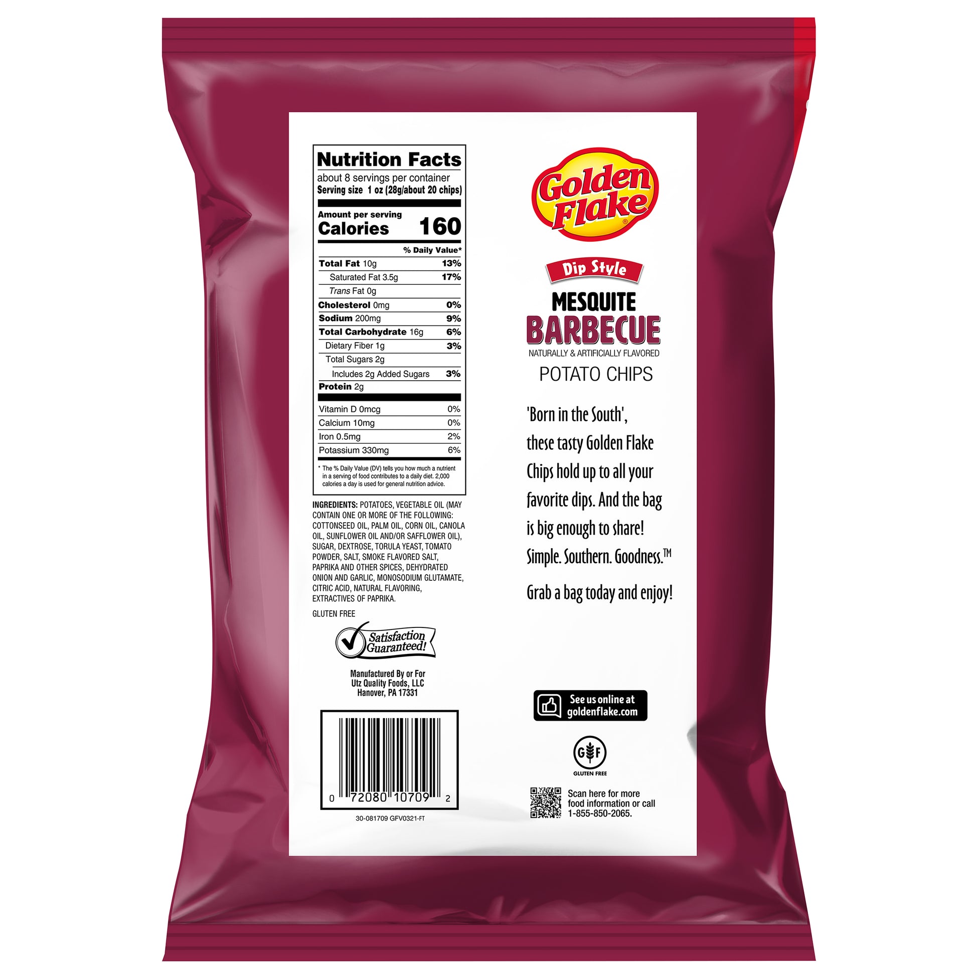 Back of a Golden Flake Mesquite Barbecue potato chips package with nutrition facts and branding.