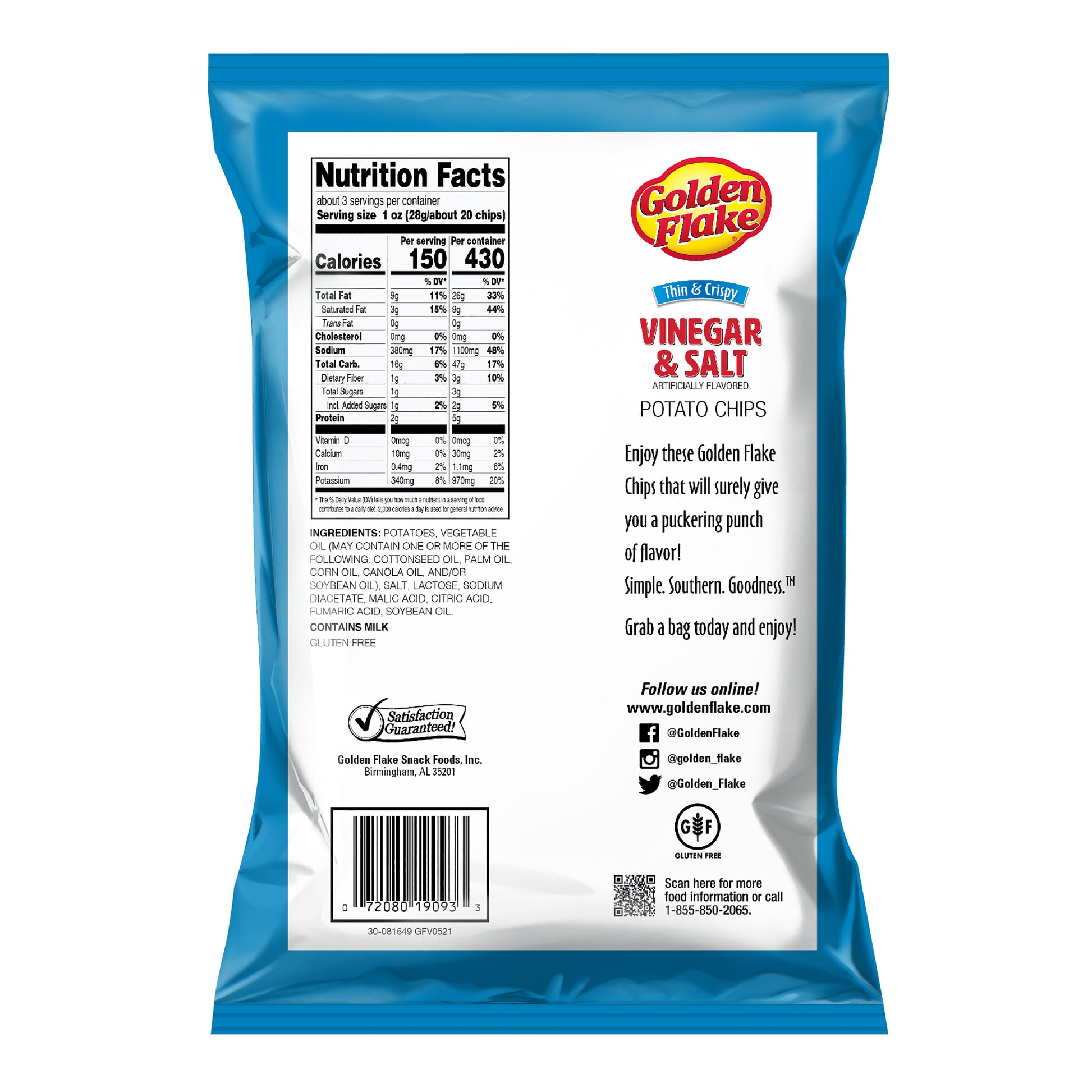Back of a Golden Flake vinegar and salt potato chips package with nutrition facts and branding.