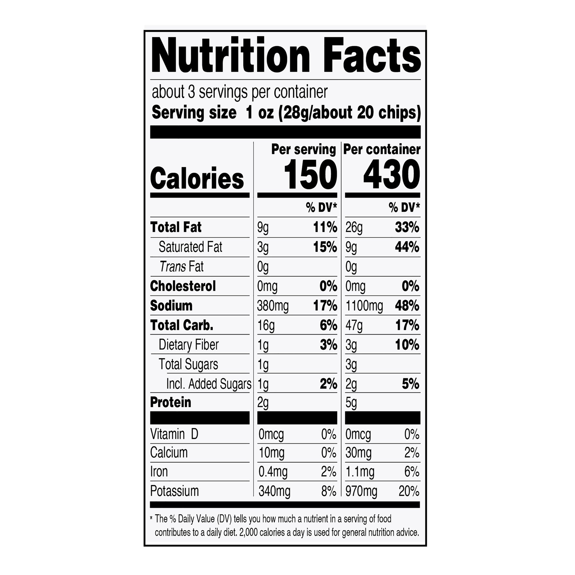 Nutrition facts label for a product with serving size and calorie information.