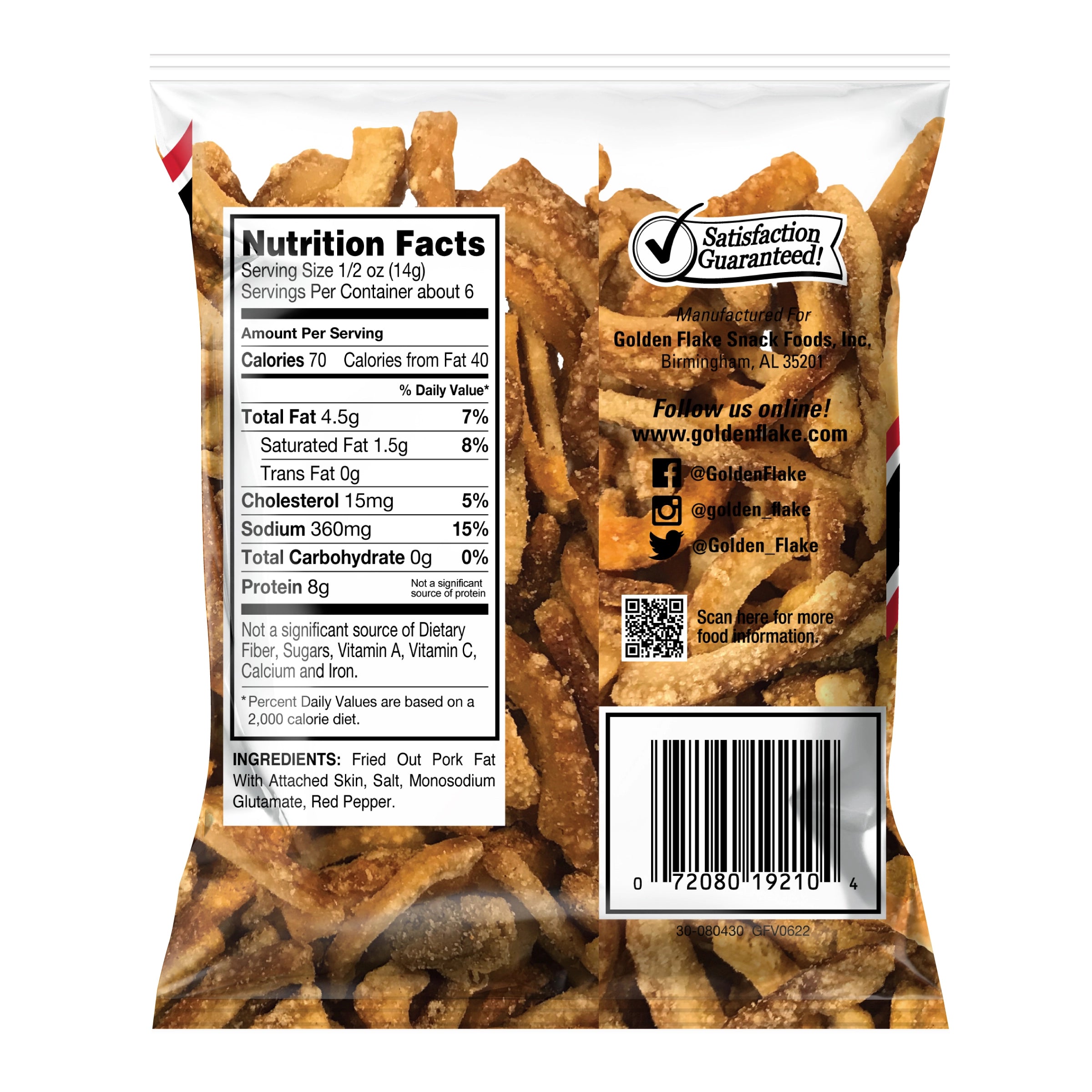 Back view of a snack package with nutritional information and brand details.