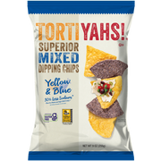 Tortilla chip package with yellow and blue chips on a white background