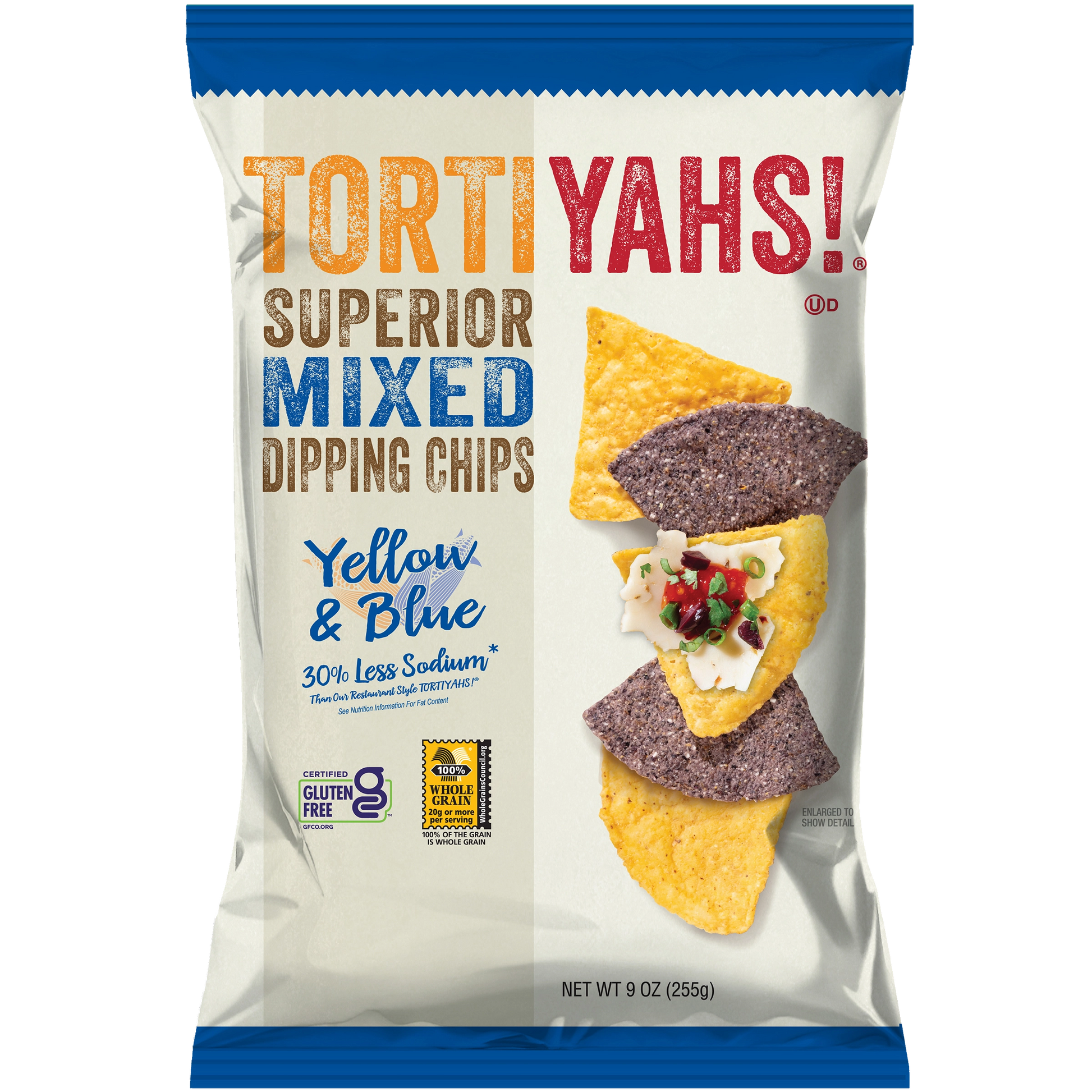 Tortilla chip package with yellow and blue chips on a white background