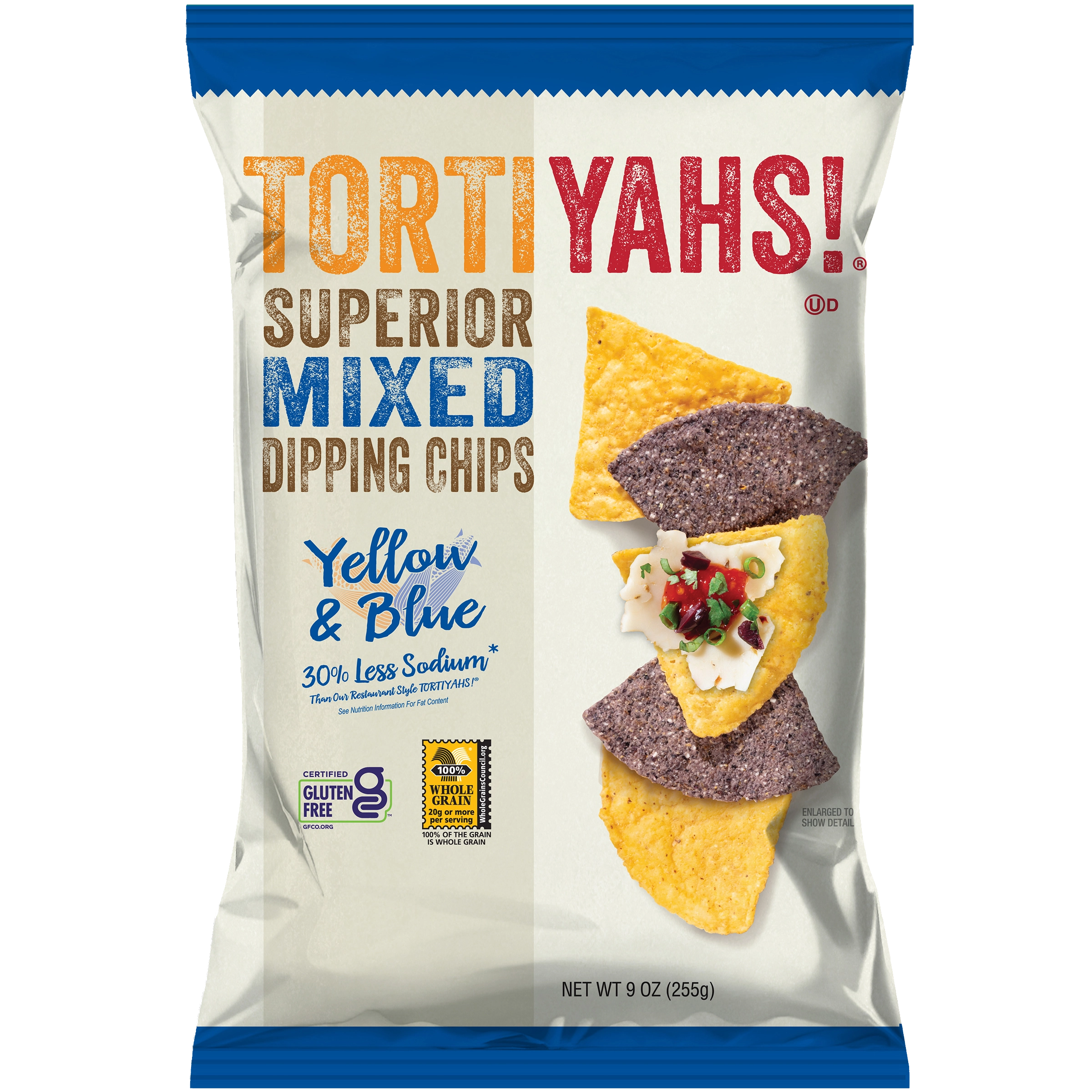 Tortilla chip package with yellow and blue chips on a white background