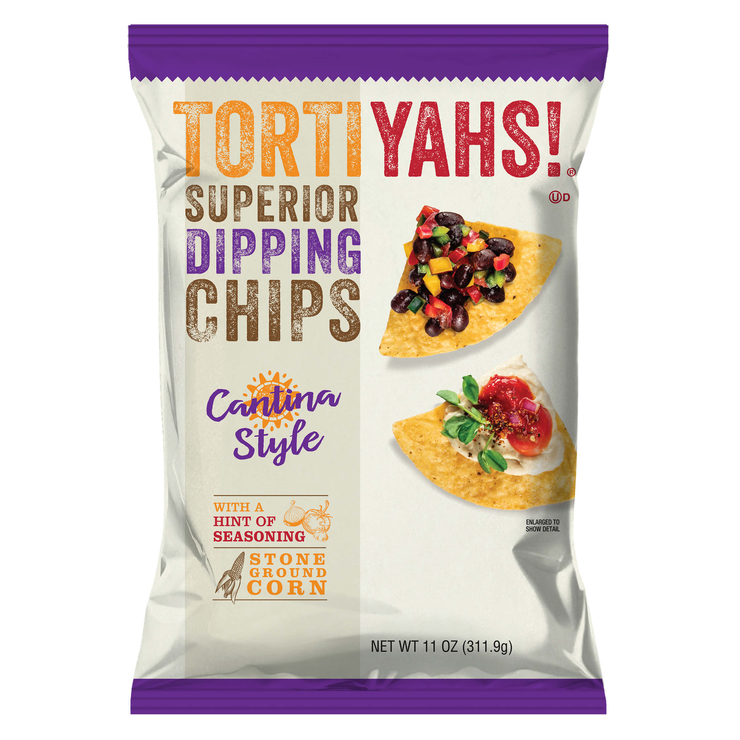 Packaging of Tortiyahs! Superior Dipping Chips with images of tortilla chips and toppings on a white background.