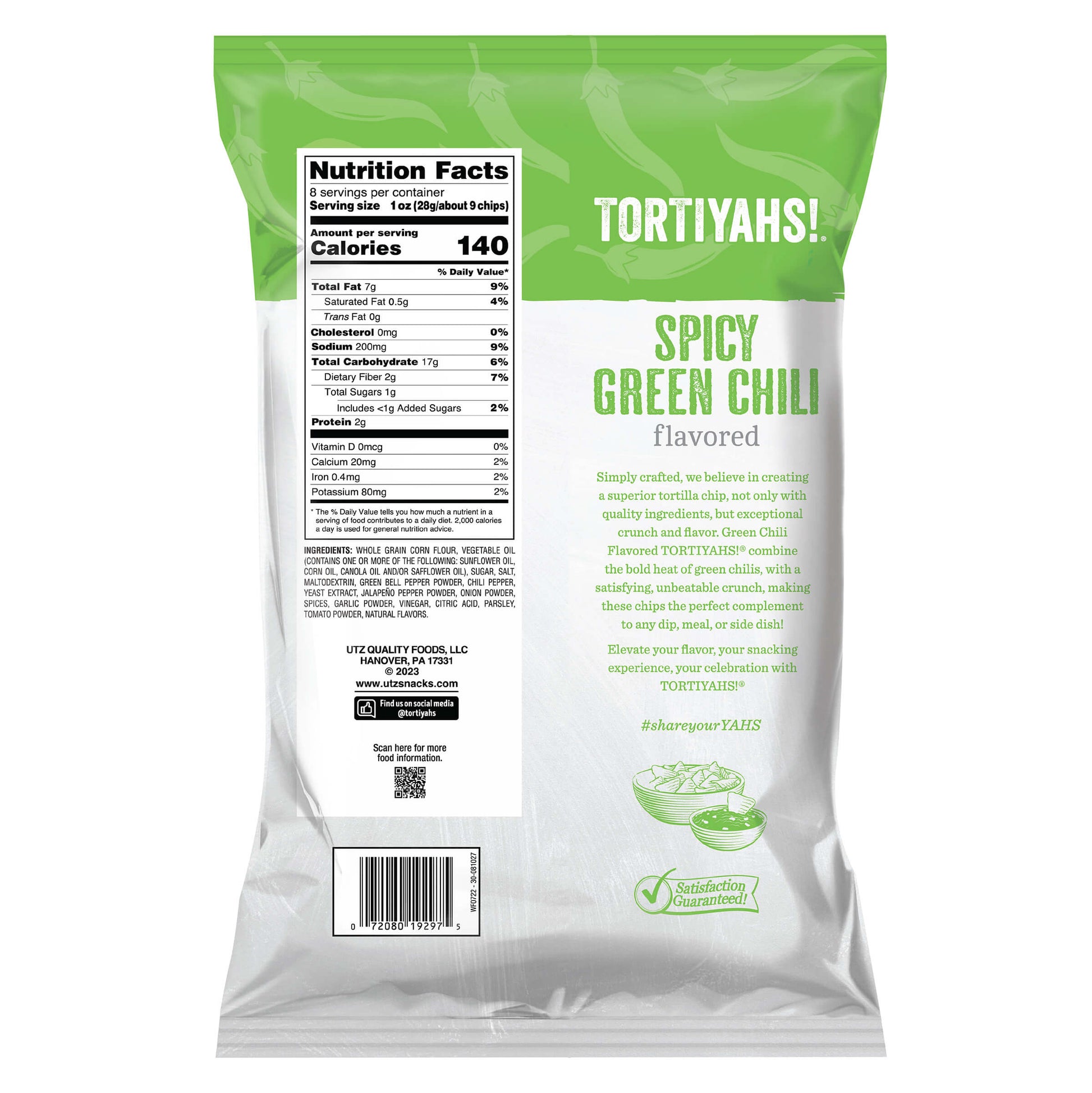 Tortiyahs! Spicy Green Chili flavored tortilla chips packaging with nutrition facts label.