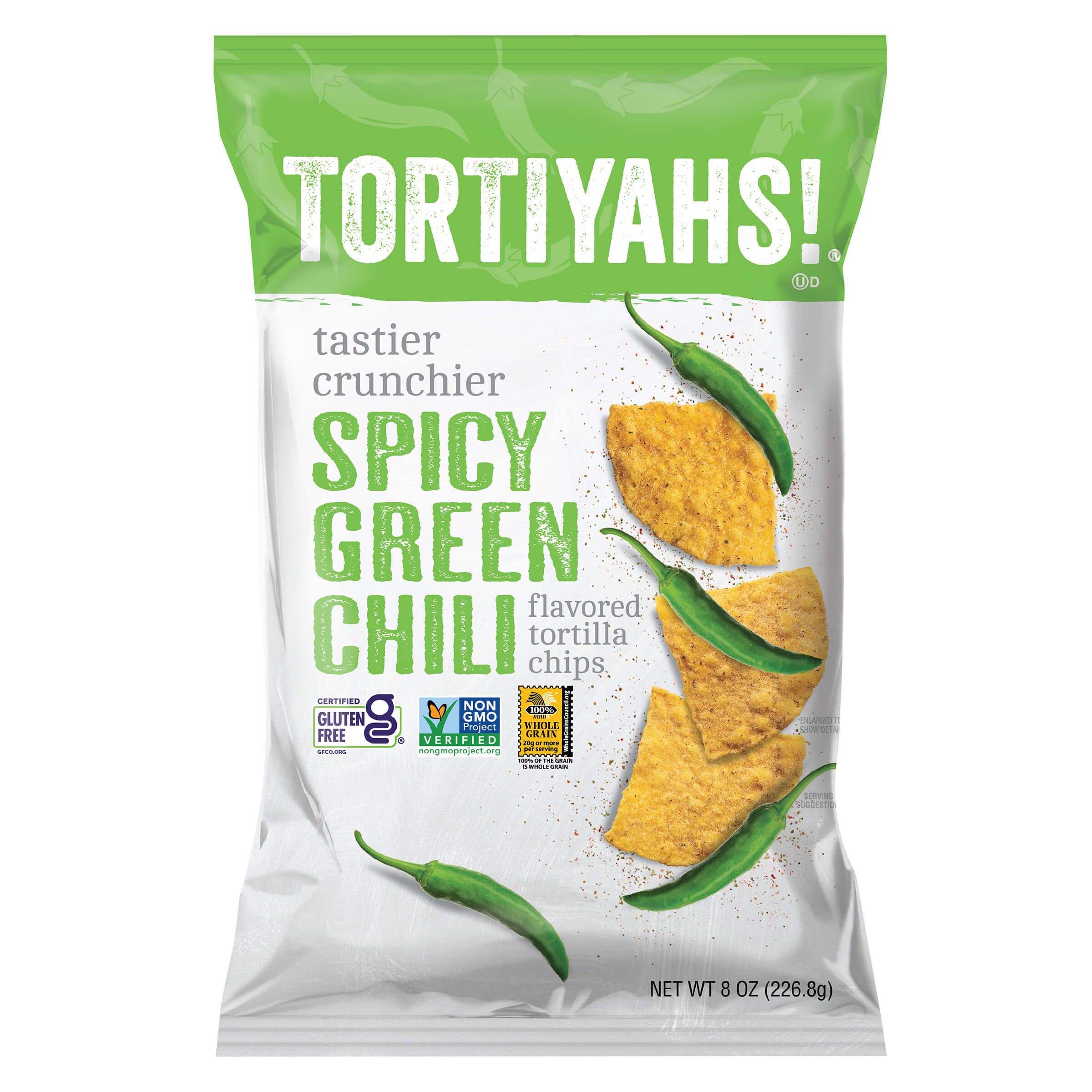 Packaging of Tortiyahs Spicy Green Chili tortilla chips on a white background