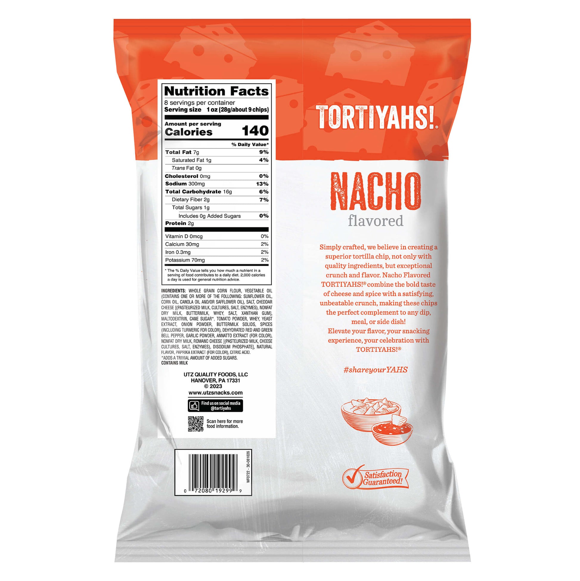 Tortiyahs! Nacho flavored product packaging with nutrition facts label on a white background