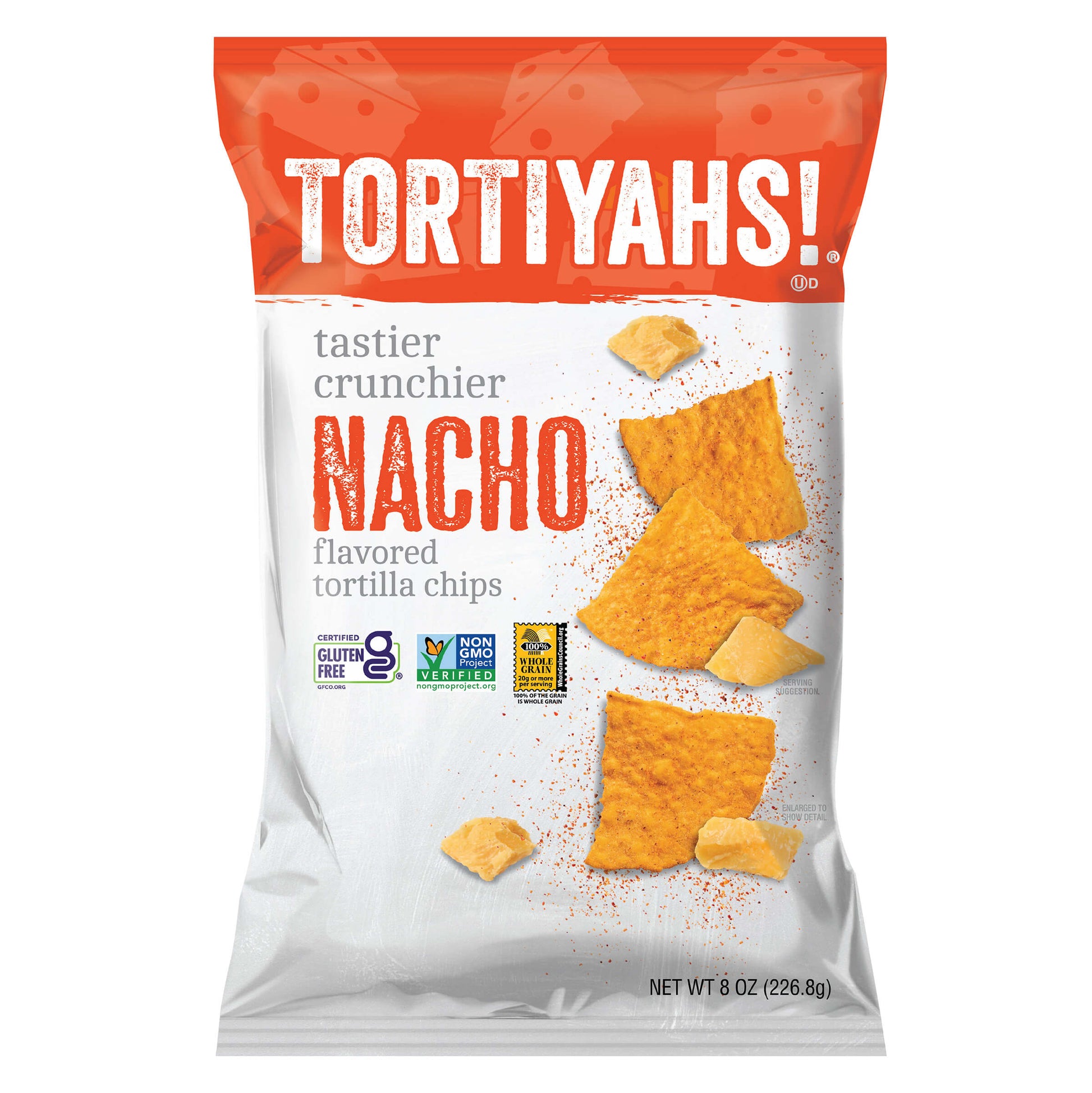Packaging of Tortiyahs nacho flavored tortilla chips on a white background
