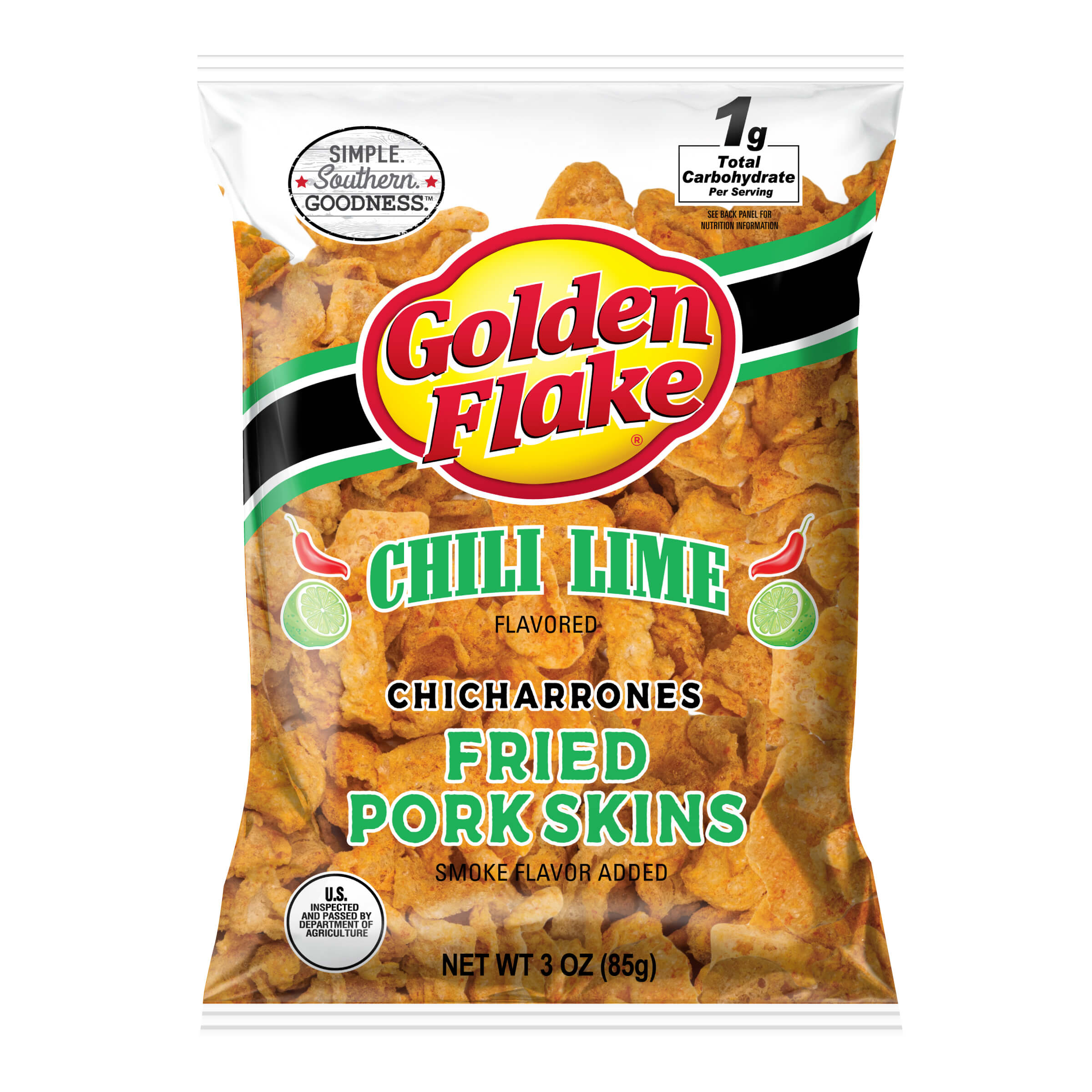 Bag of Golden Flake Chili Lime Flavored Chicharrones Fried Pork Skins on a white background