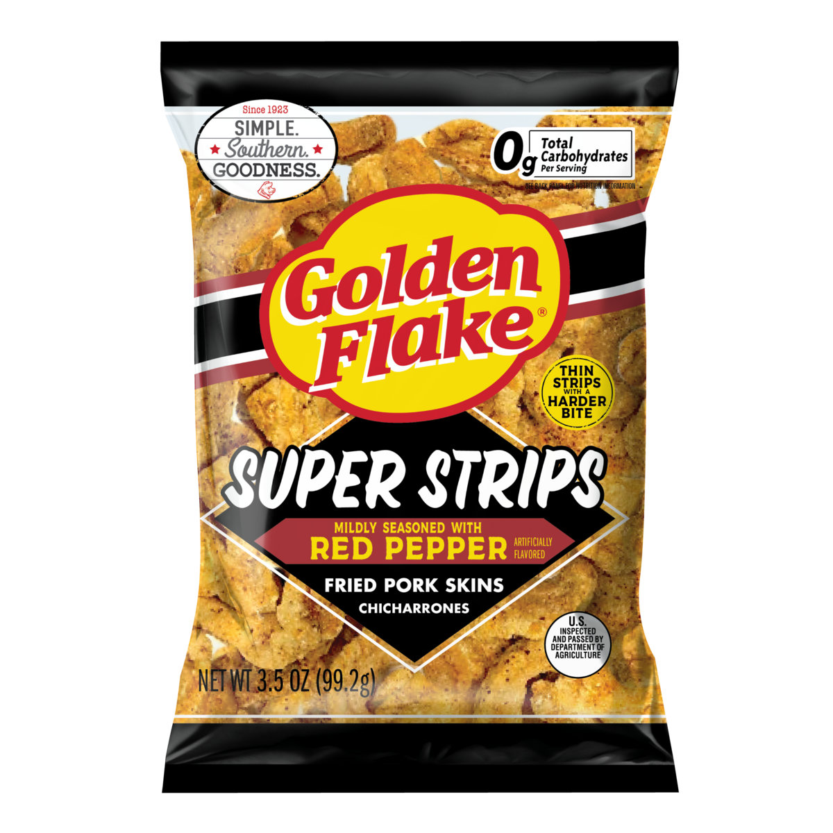 Golden Flake Pork Skins Super Strips Mild Red Pepper 3.5 oz.