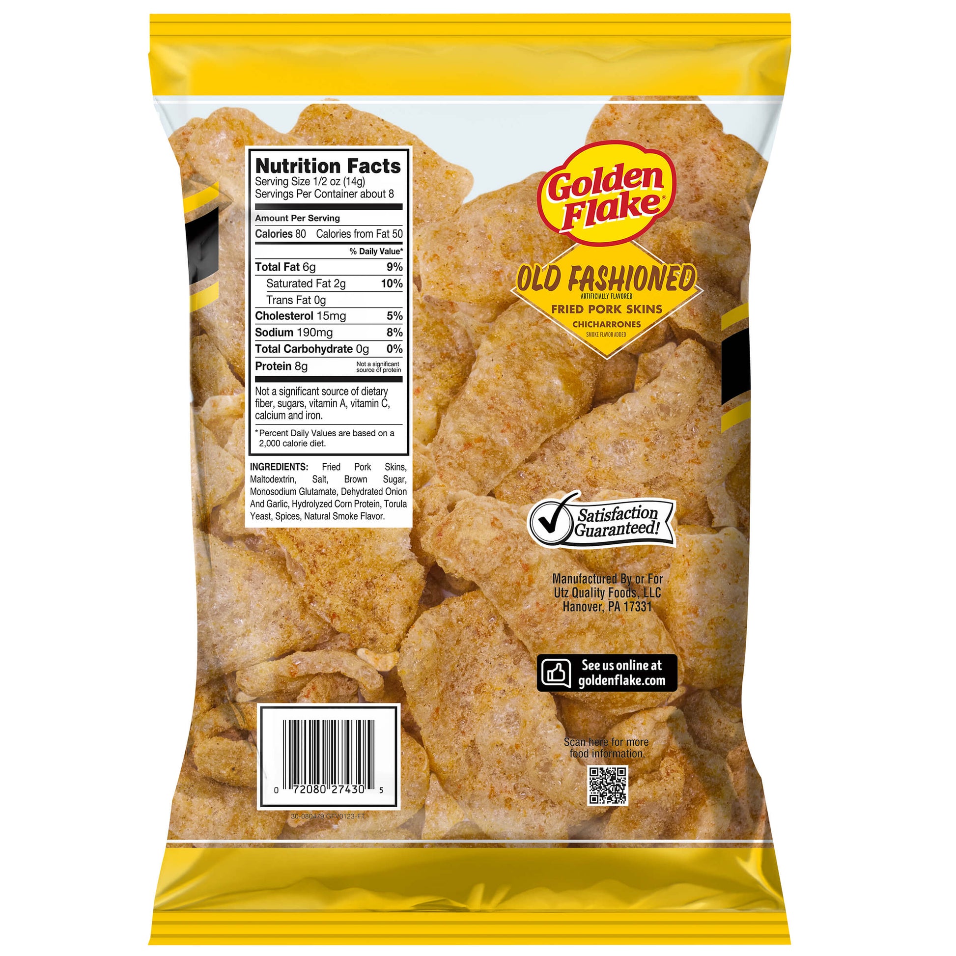 Back of Golden Flake Old Fashioned Fried Pork Skins bag showing nutrition facts and product image