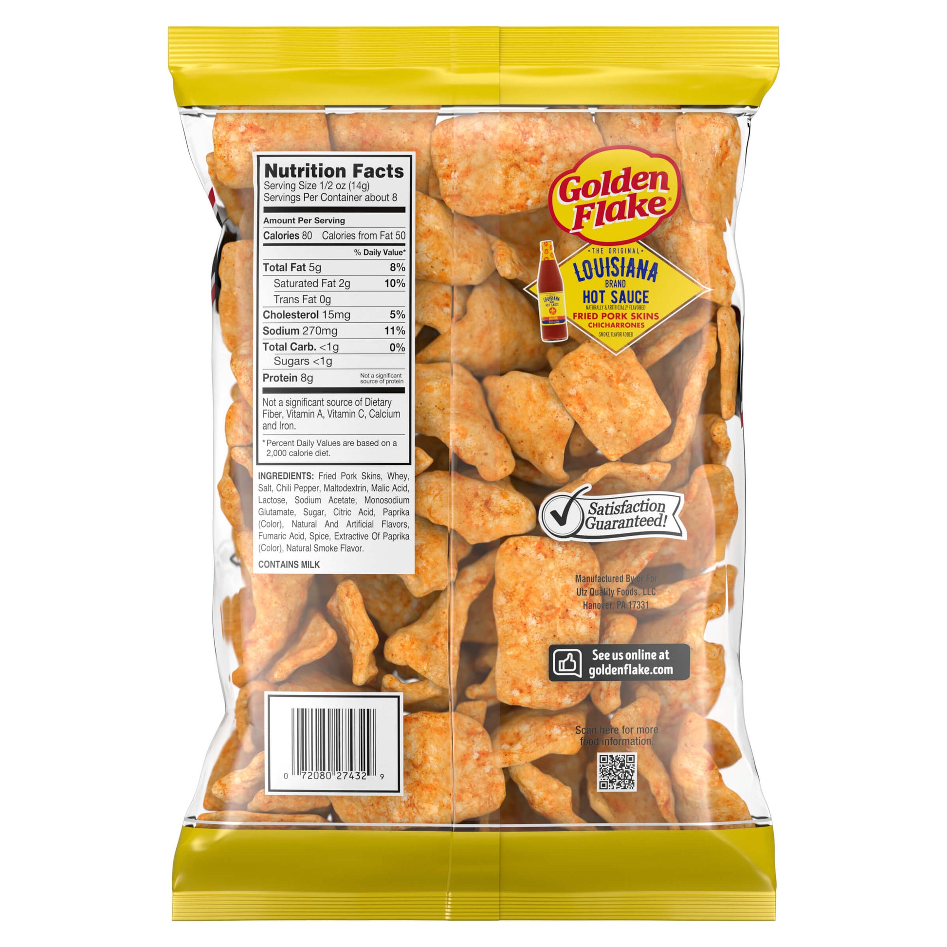Back of Golden Flake Louisiana Hot Sauce Fried Pork Skins bag showing nutrition facts and product image