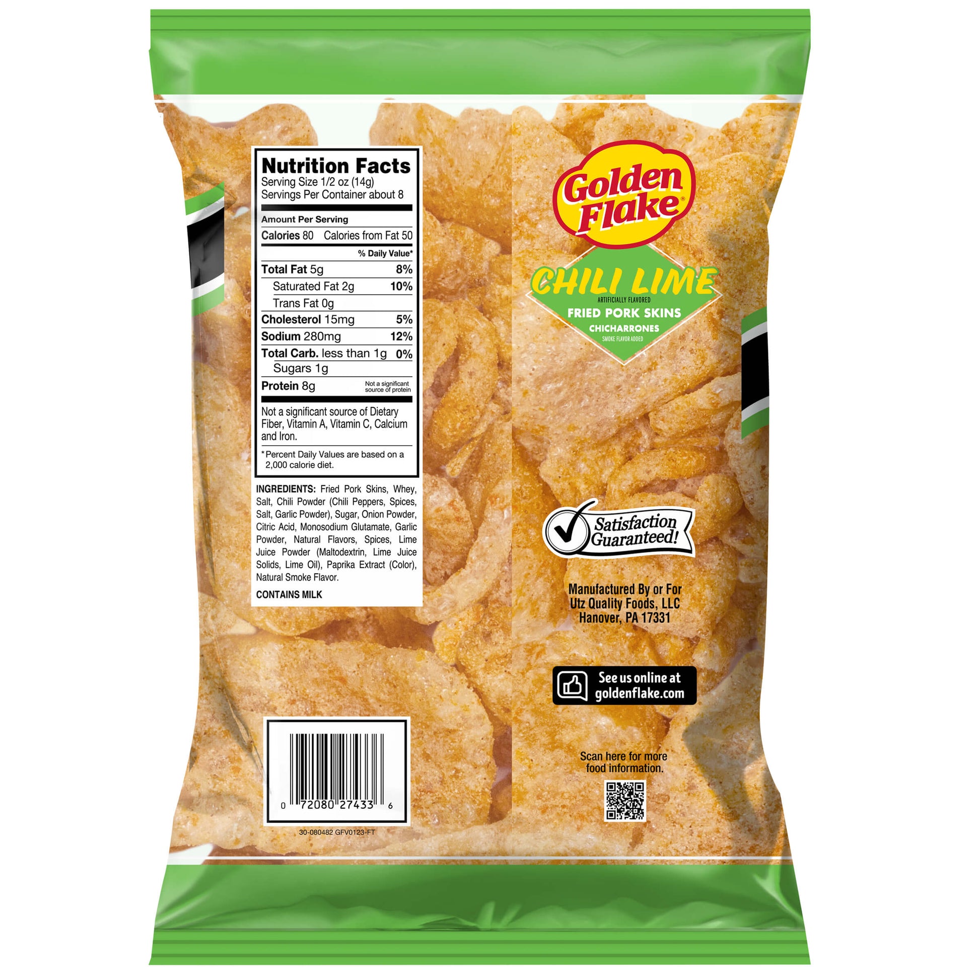 Back of Golden Flake Chili Lime Fried Pork Skins bag showing nutrition facts and product image