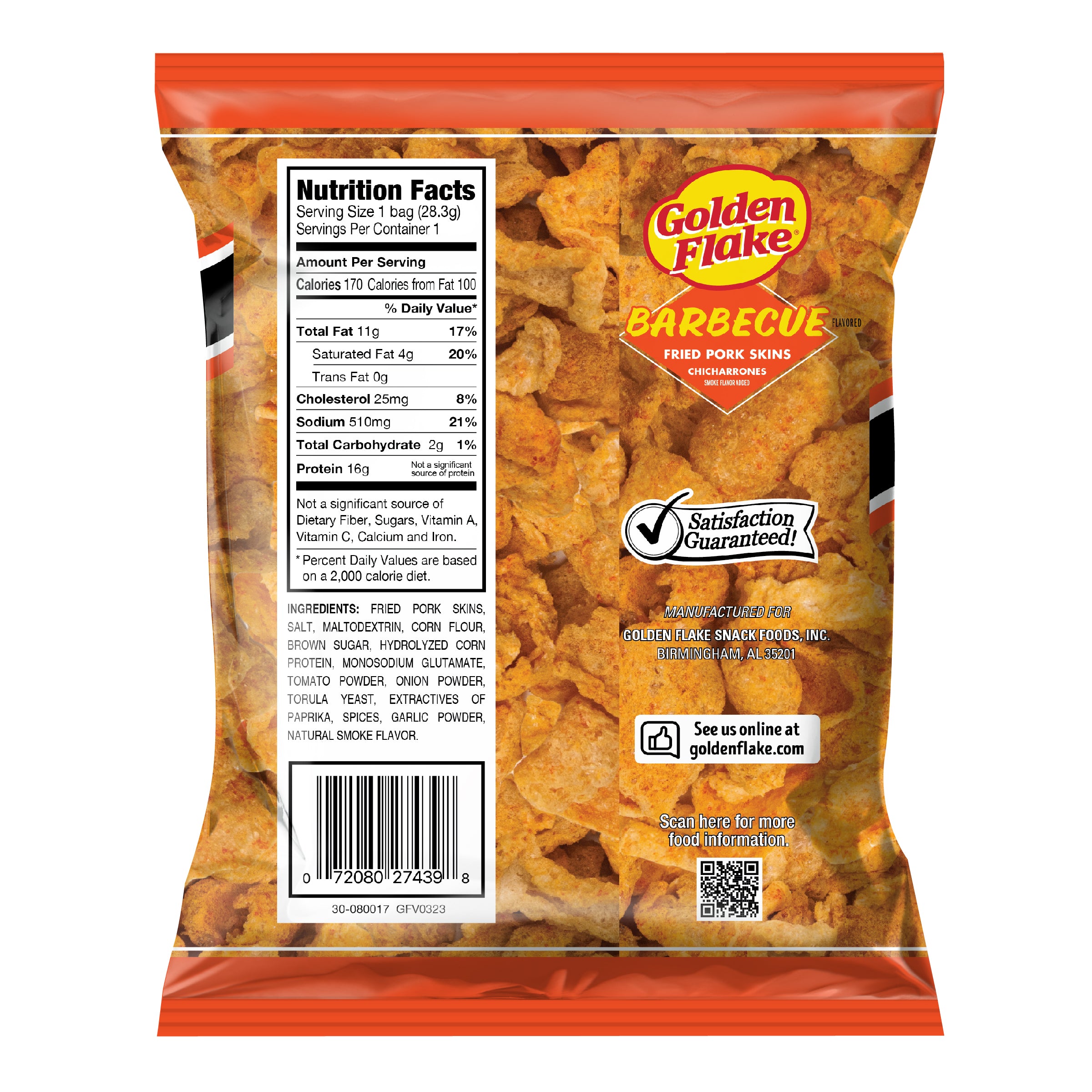 Back of Golden Flake Barbecue Fried Pork Skins bag showing nutrition facts and product image