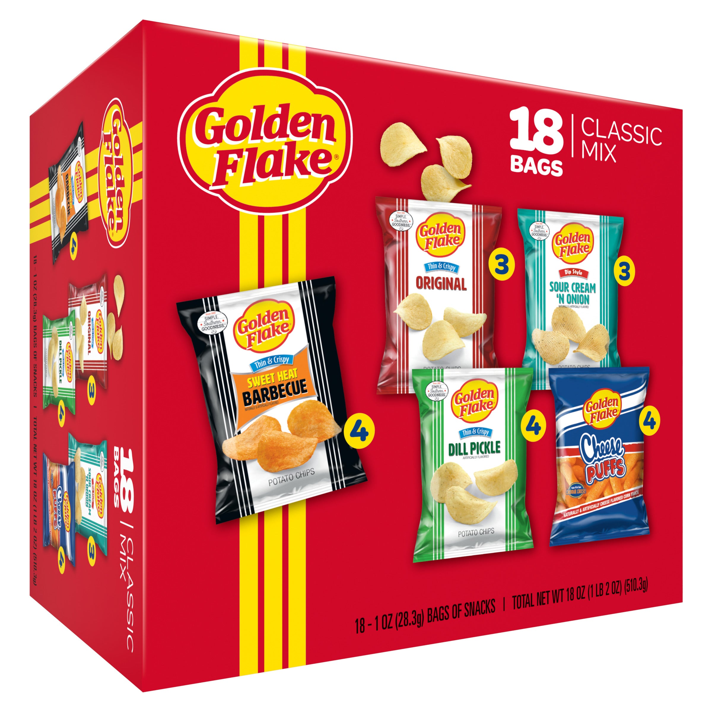 Box of Golden Flake potato chips with various flavors on a red background