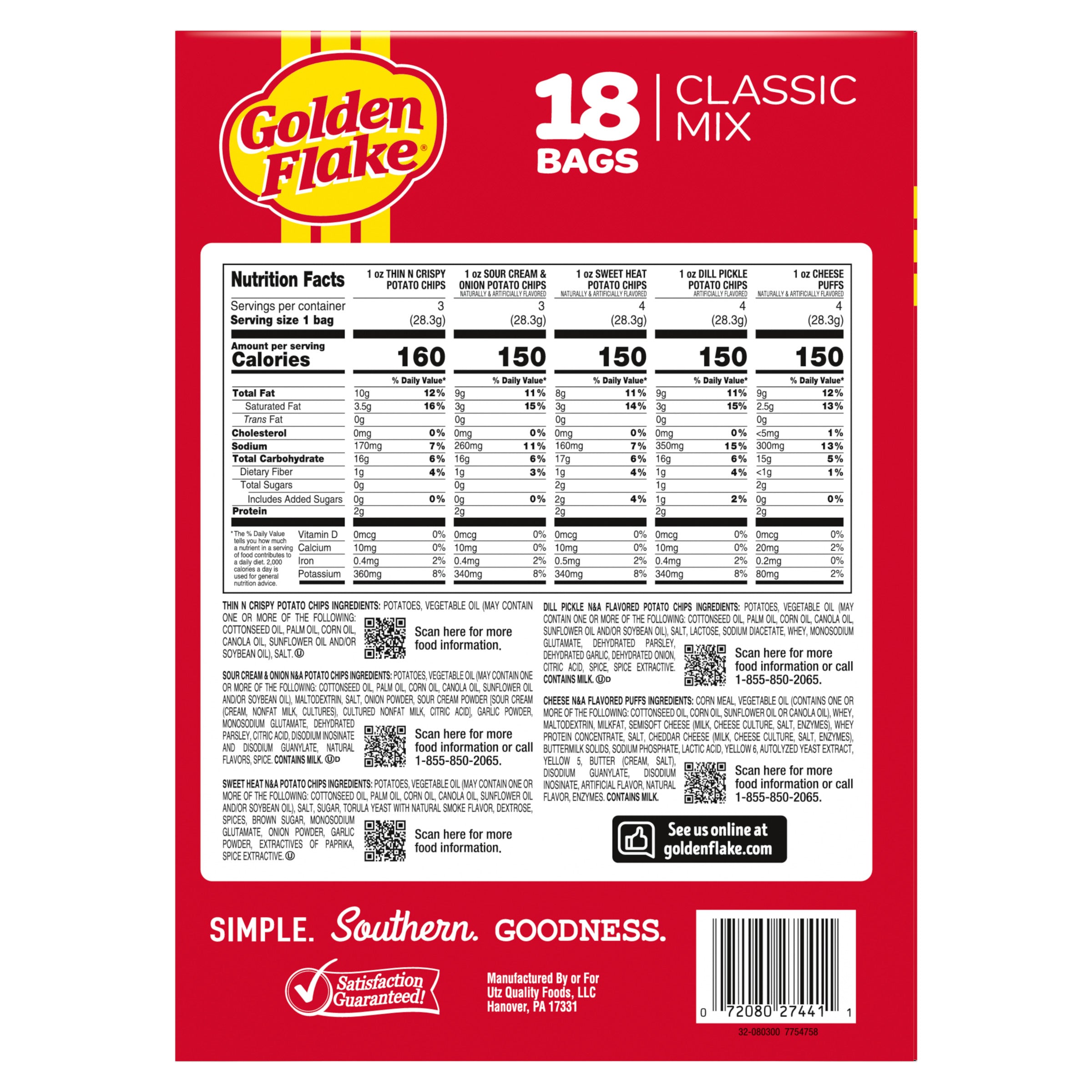 Golden Flake potato chips packaging with nutrition facts on a red background