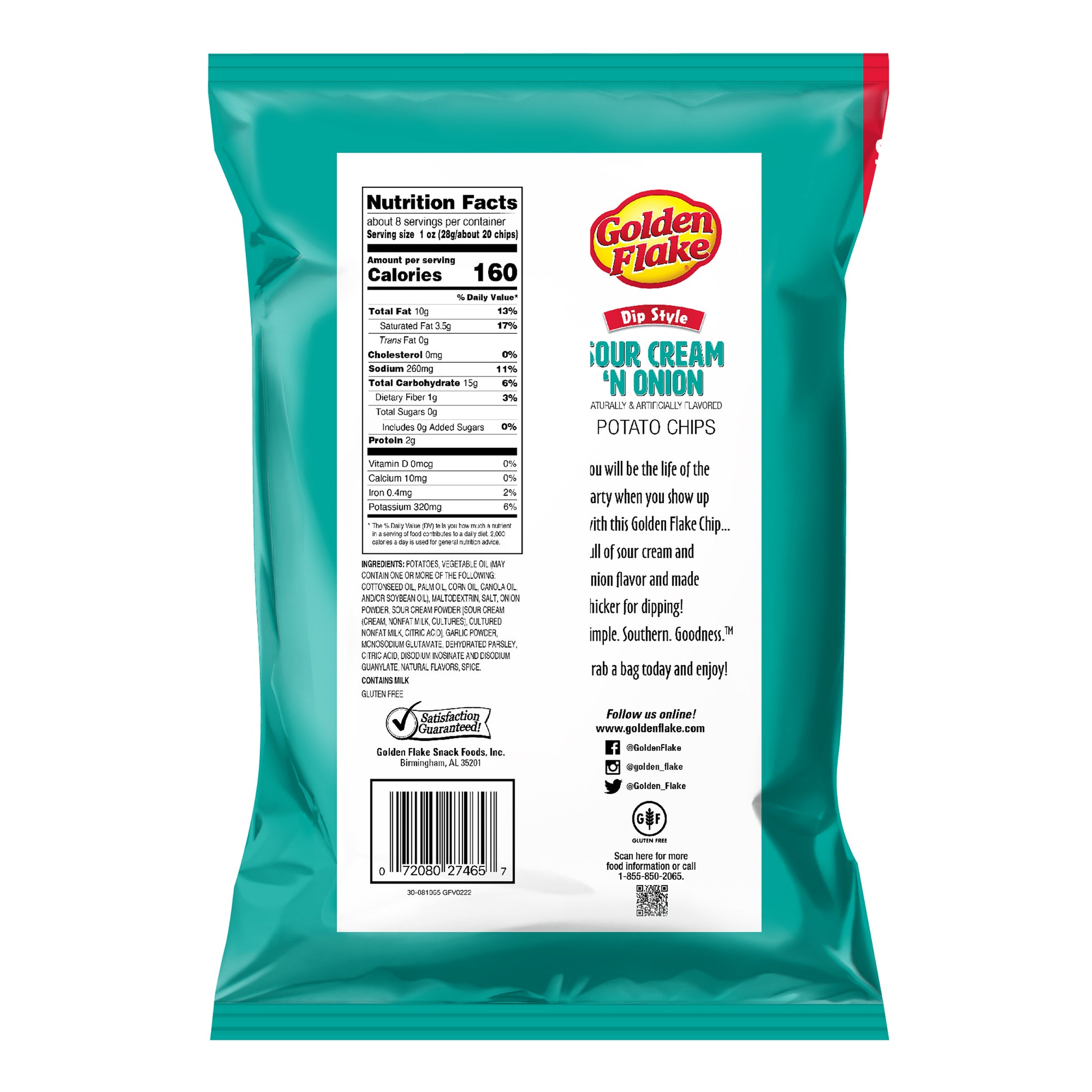 Back of a Golden Flake Sour Cream 'N Onion potato chips bag with nutrition facts and description.