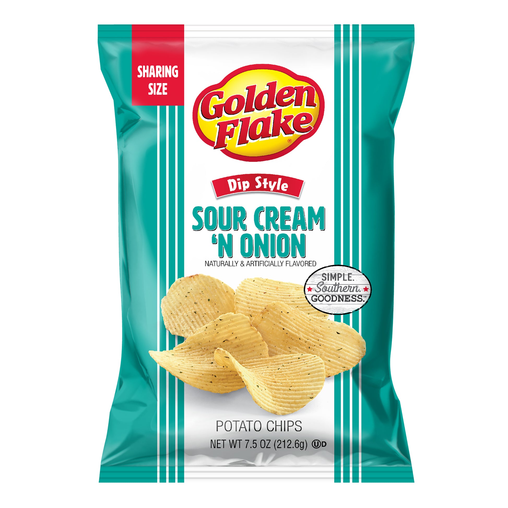 Packaging of Golden Flake Sour Cream 'N Onion potato chips on a white background