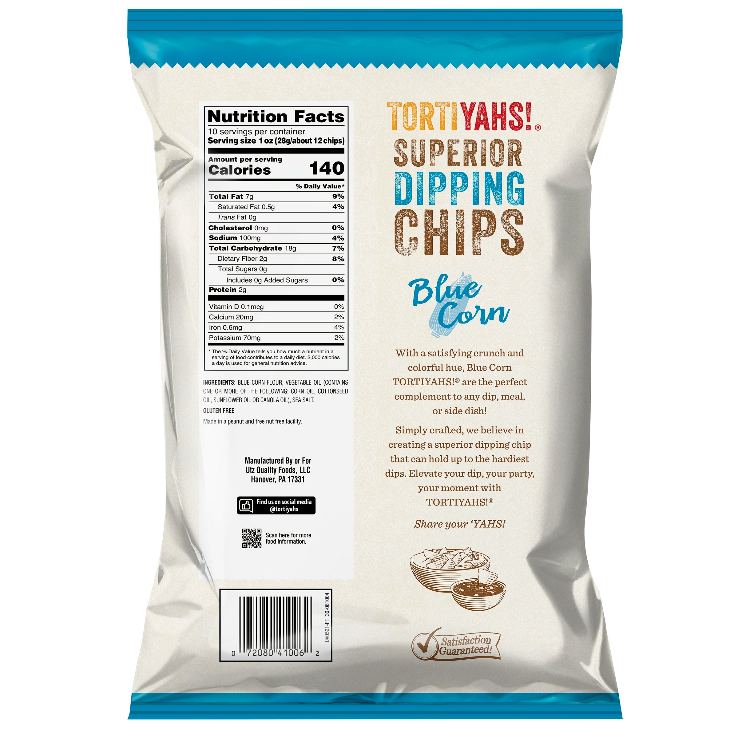 Tortiyahs Blue Corn Superior Dipping Chips packaging with nutrition facts label on a white background