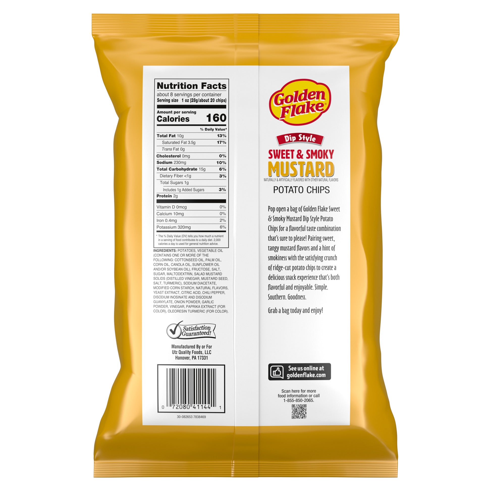 Back view of a Golden Flake Sweet & Smoky Mustard potato chips package with nutritional information.