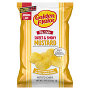 Packaging of Golden Flake Sweet & Smoky Mustard potato chips on a white background