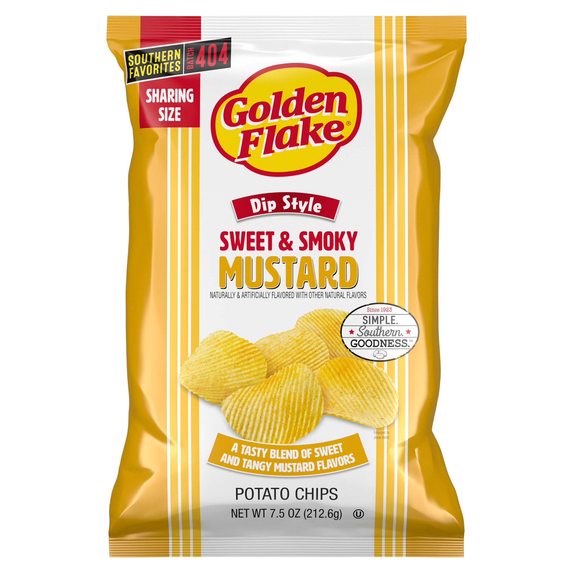 Packaging of Golden Flake Sweet & Smoky Mustard potato chips on a white background