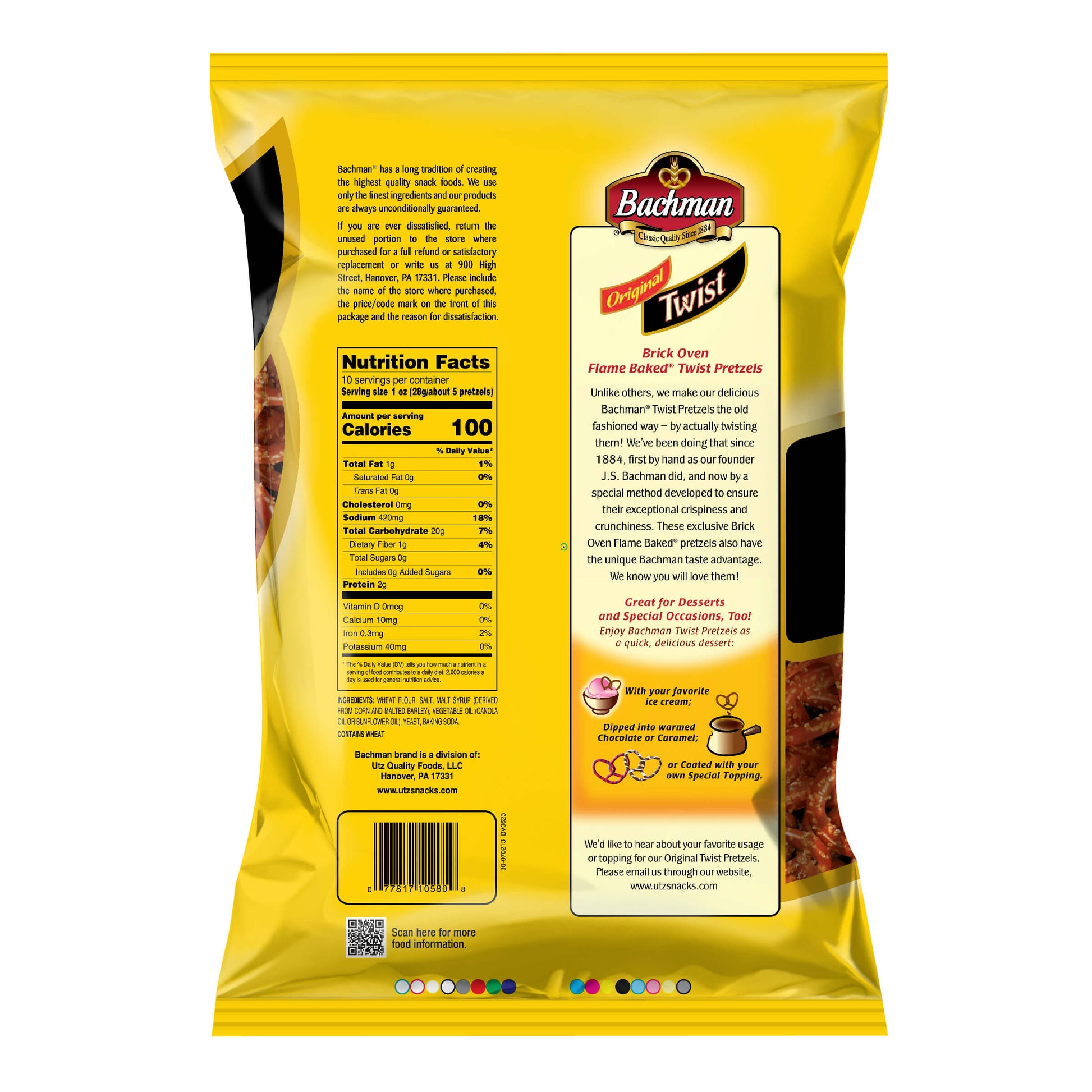 Yellow package of Bachman Original Twist with nutrition facts and branding details.