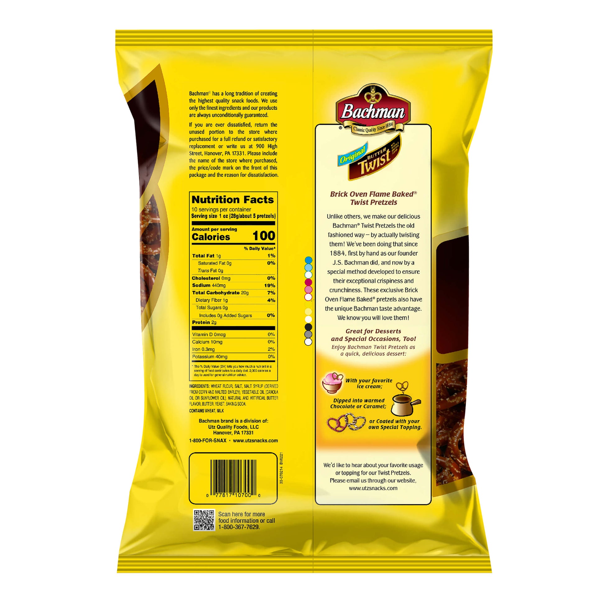 Yellow package of Bachman Twists with nutrition facts and branding information.