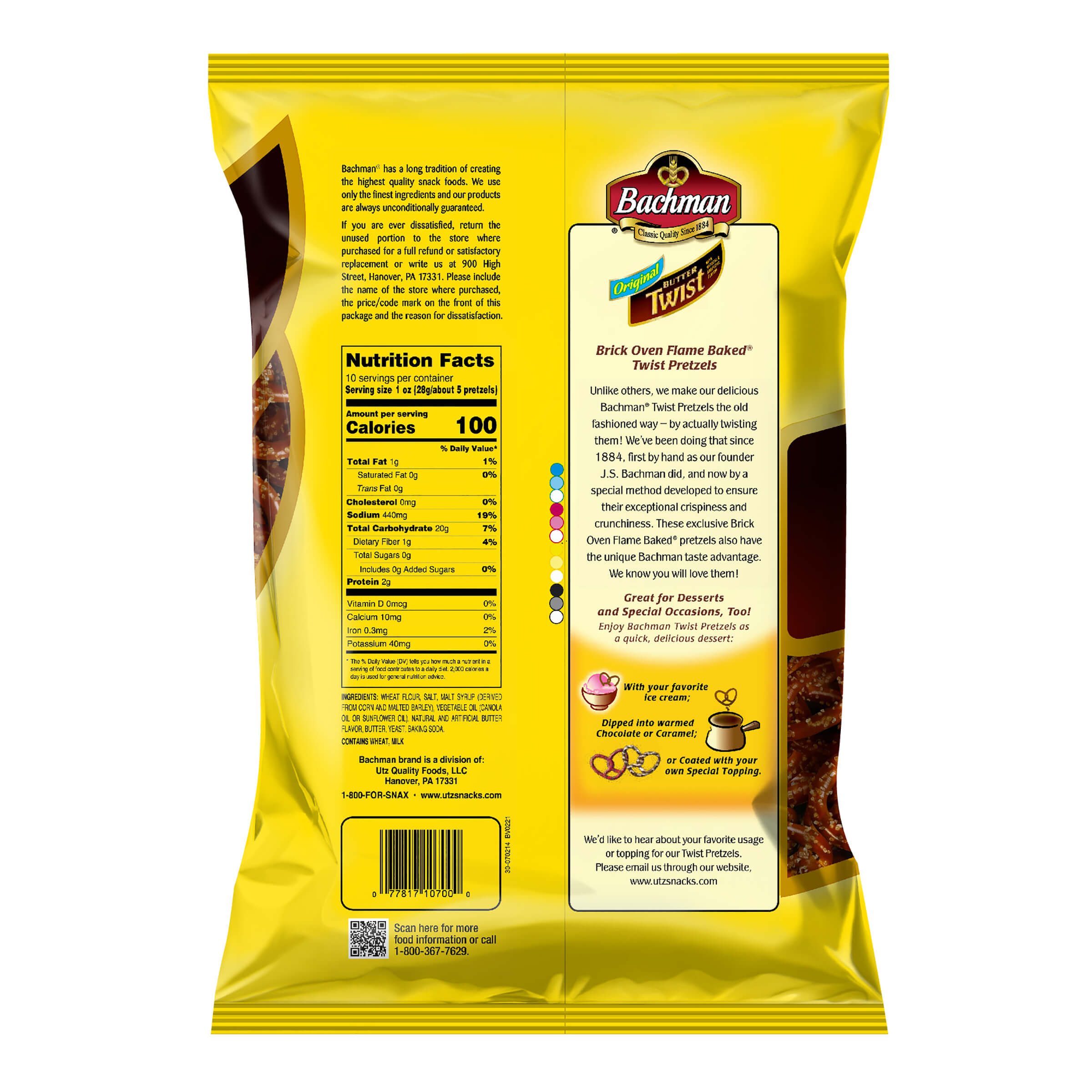 Yellow package of Bachman Twists with nutrition facts and branding information.