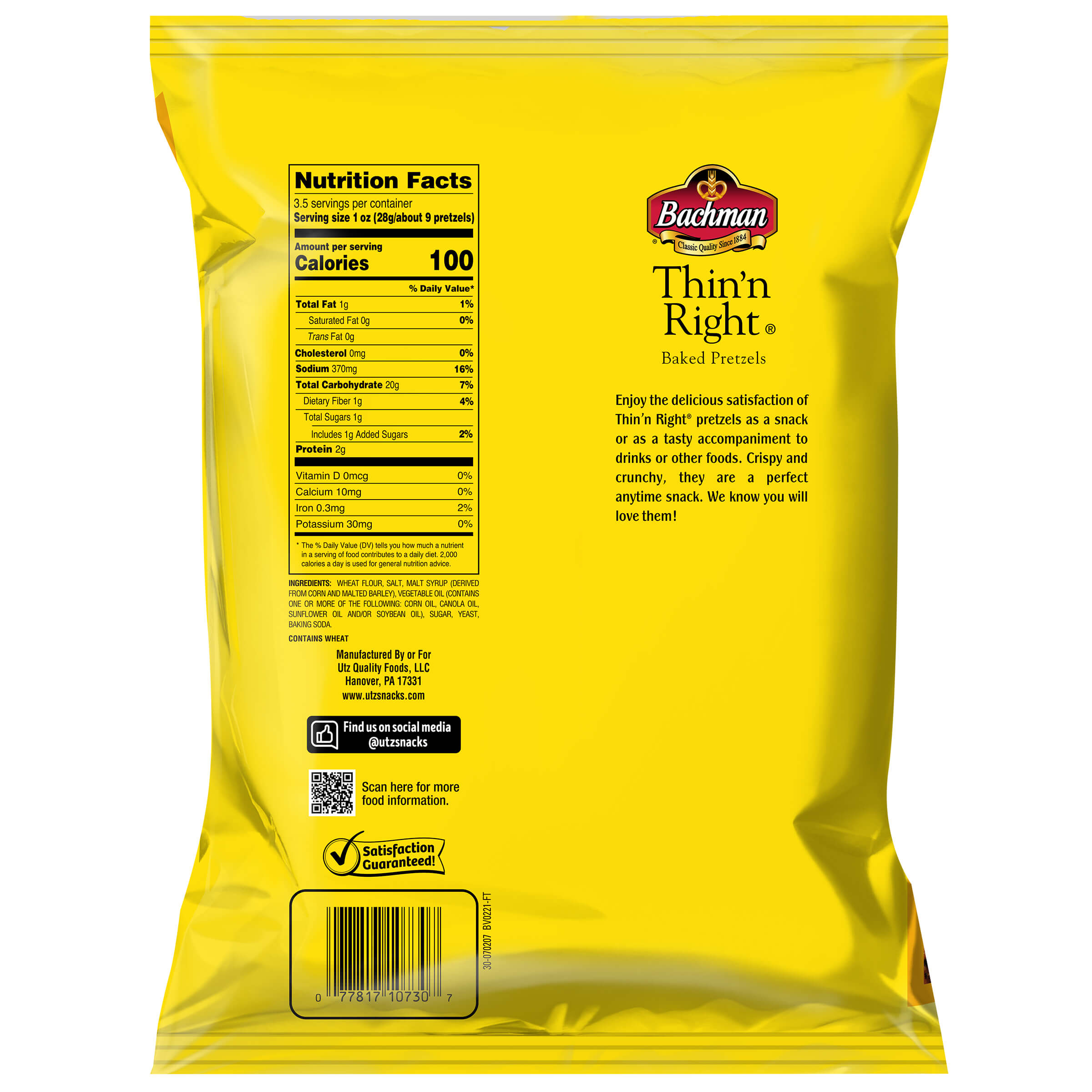 Yellow package of Bachman Thin'n Right baked potatoes with nutrition facts and branding.
