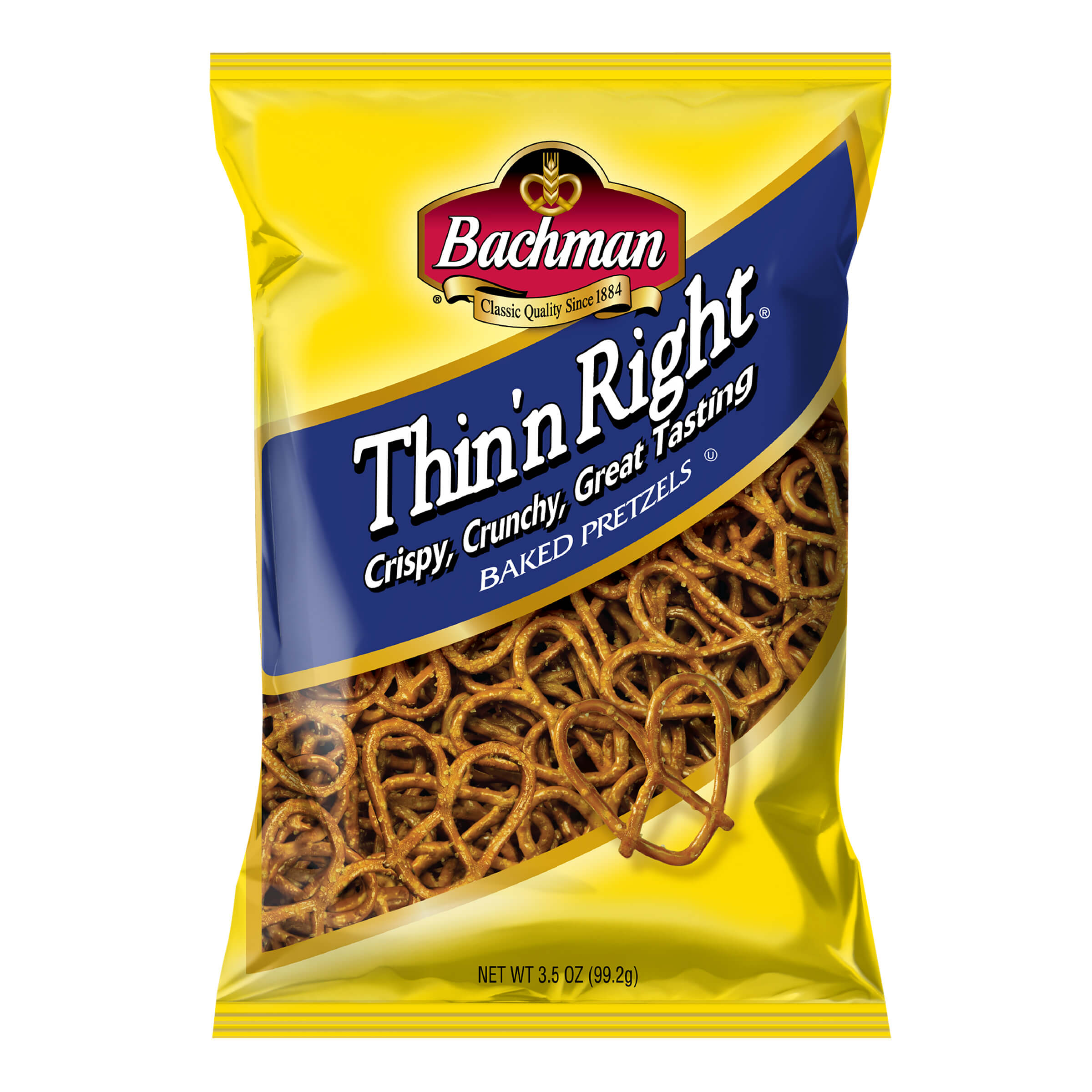 Bag of Bachman Thin Right baked pretzels on a white background