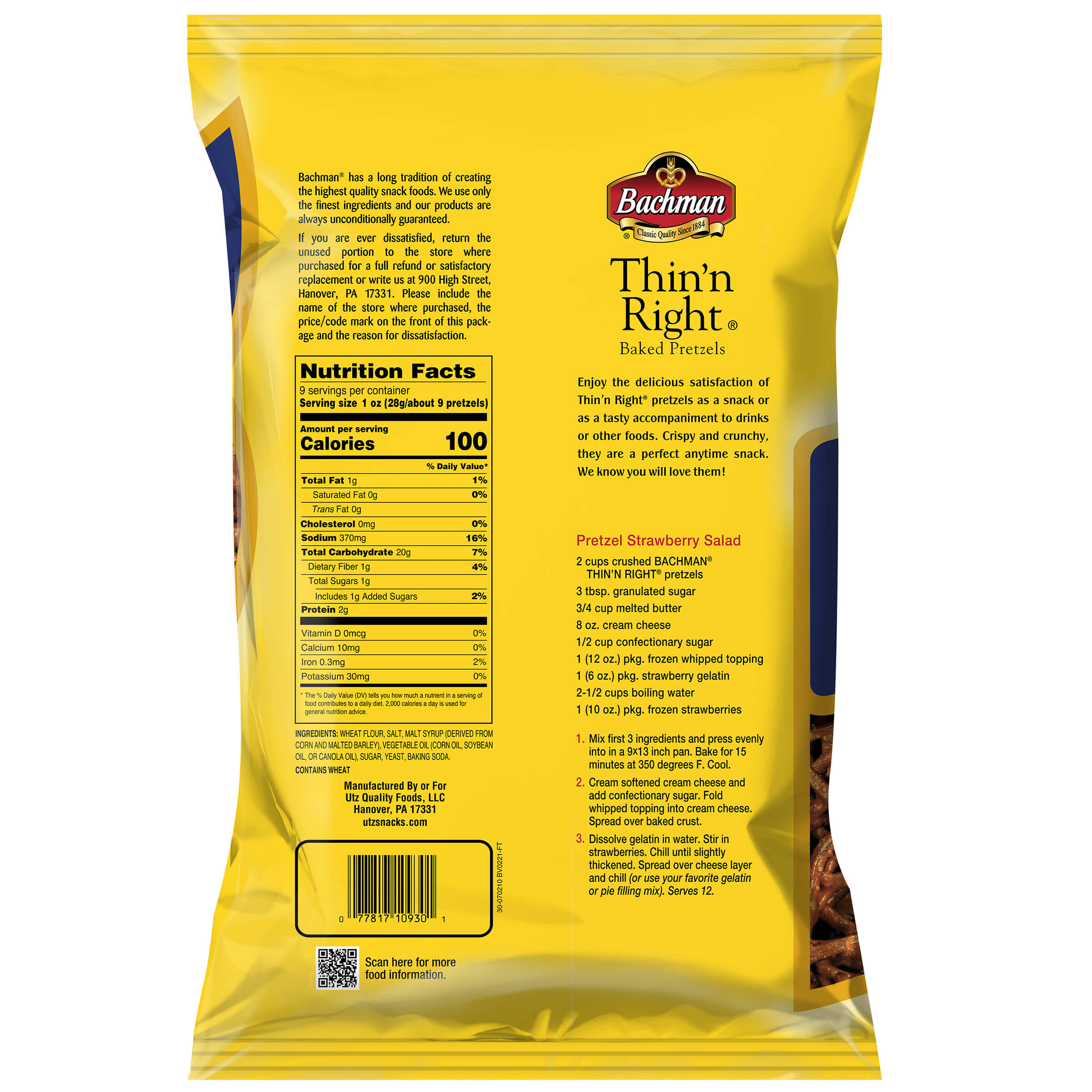 Yellow package of Bachman Thin'N Right Pretzel Strawberry Salad with nutritional information and recipe details.