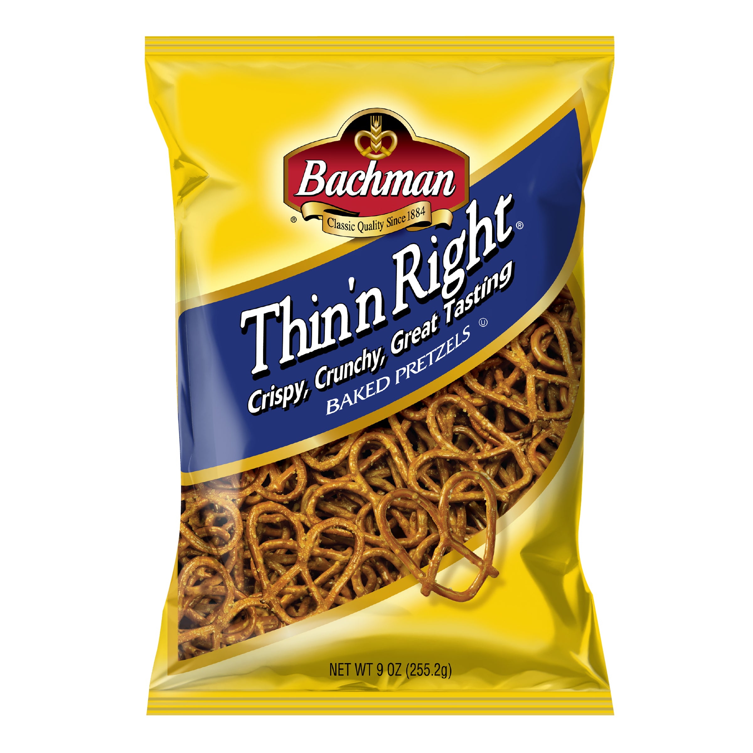 Packaged snack of Bachman Thin' n Right Baked Pretzels on a white background