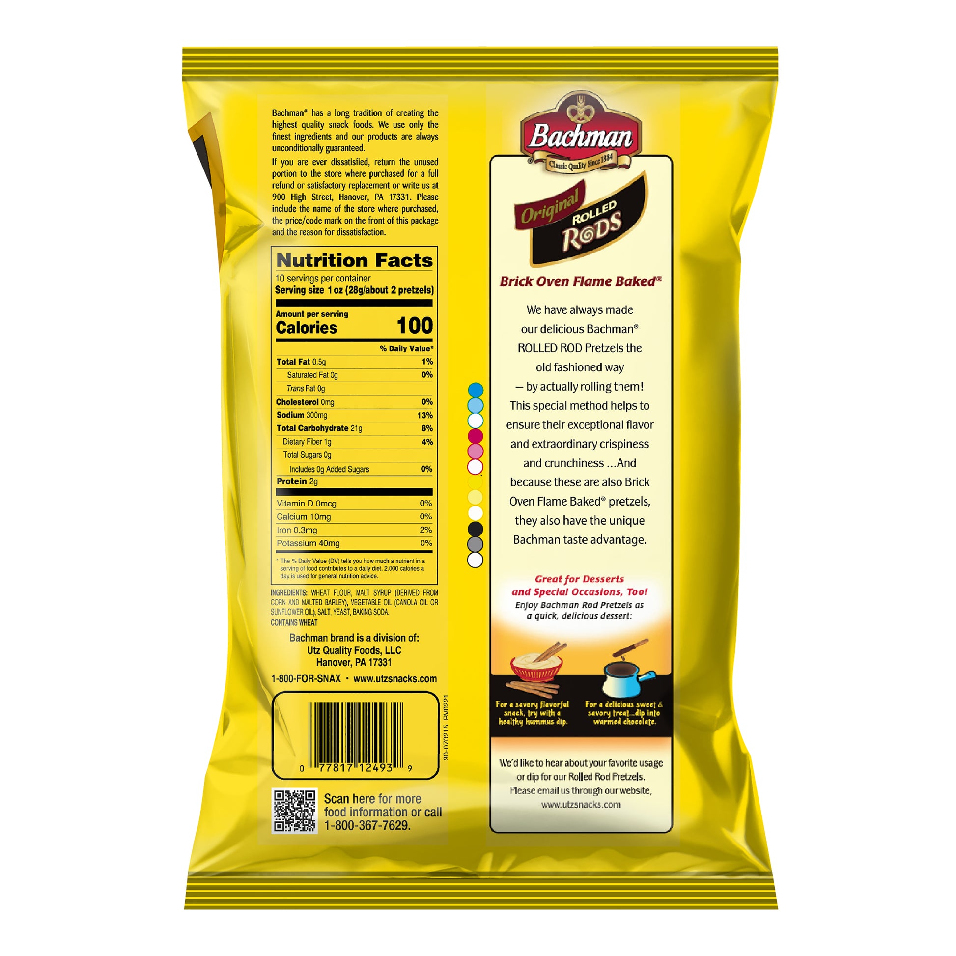 Back of a yellow snack bag with text and nutrition facts on a white background