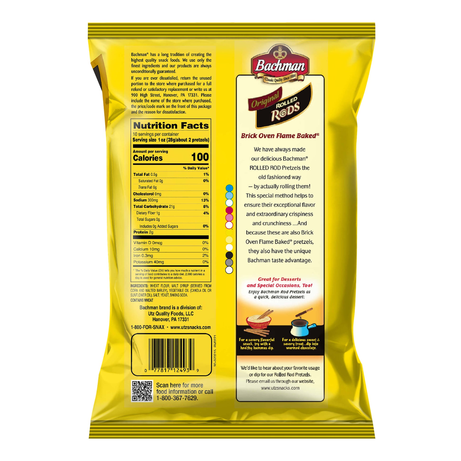 Back of a yellow snack bag with text and nutrition facts on a white background