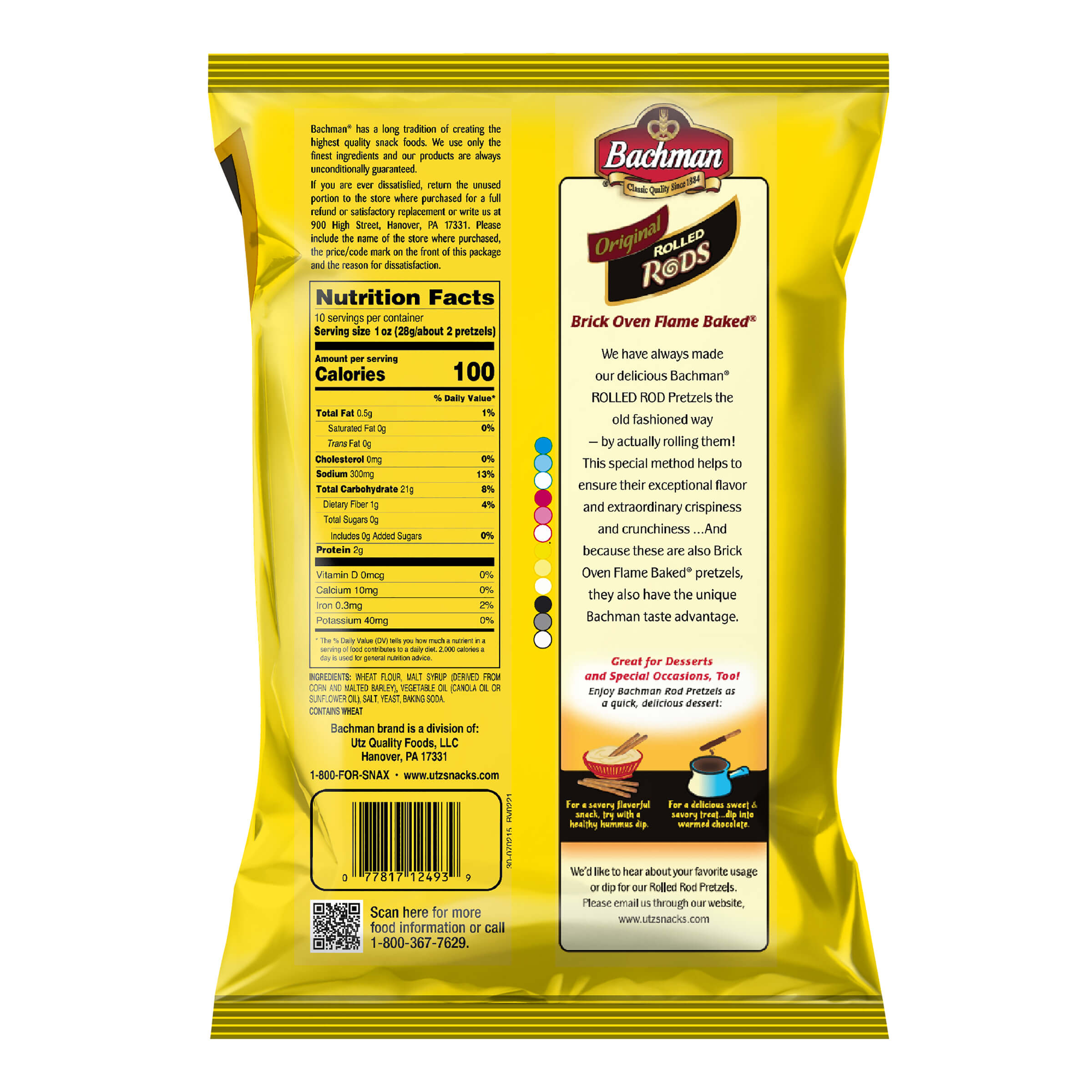 Back of a yellow snack bag with text and nutrition facts on a white background