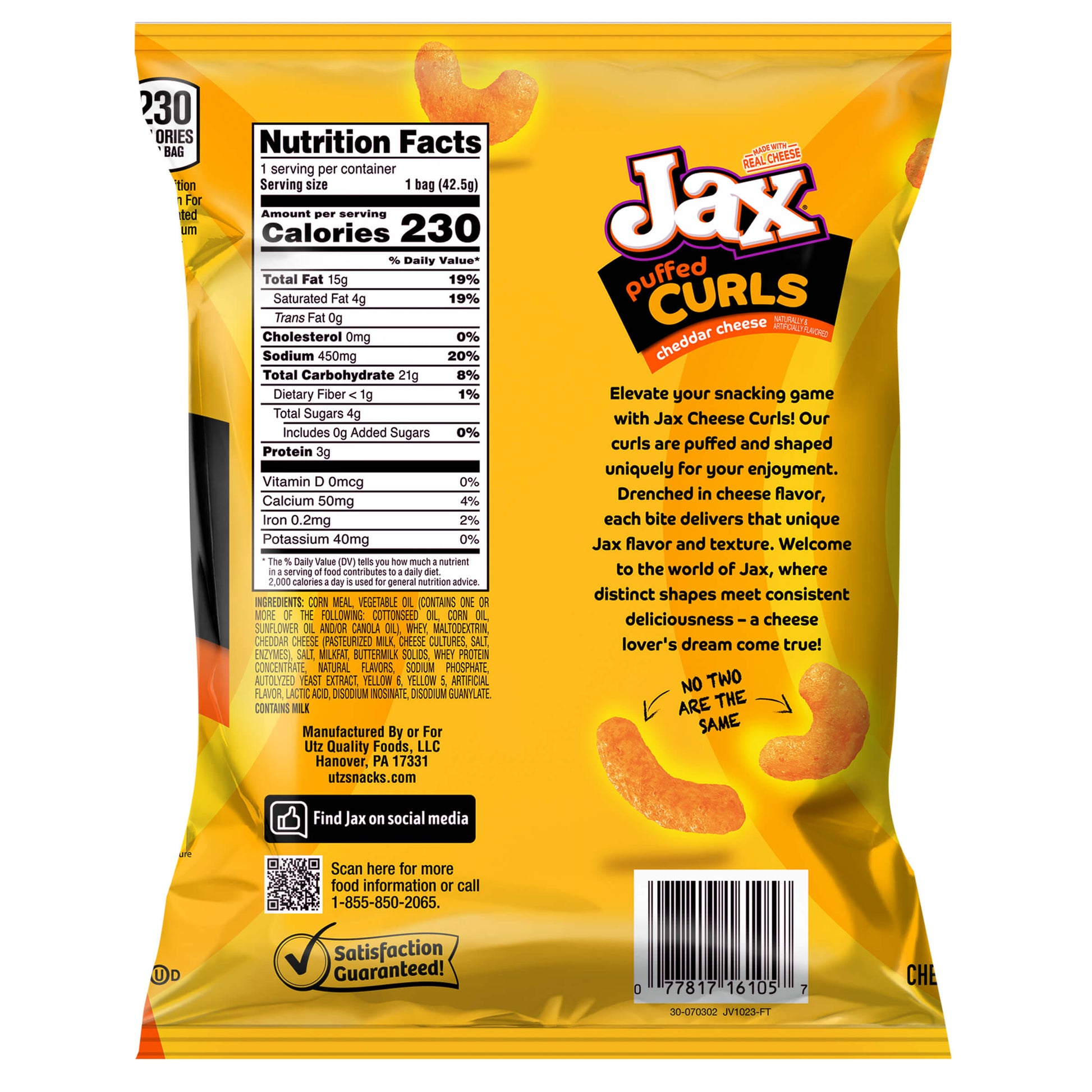 Back view of a Jax Puffed Curls snack package with nutritional information and branding.