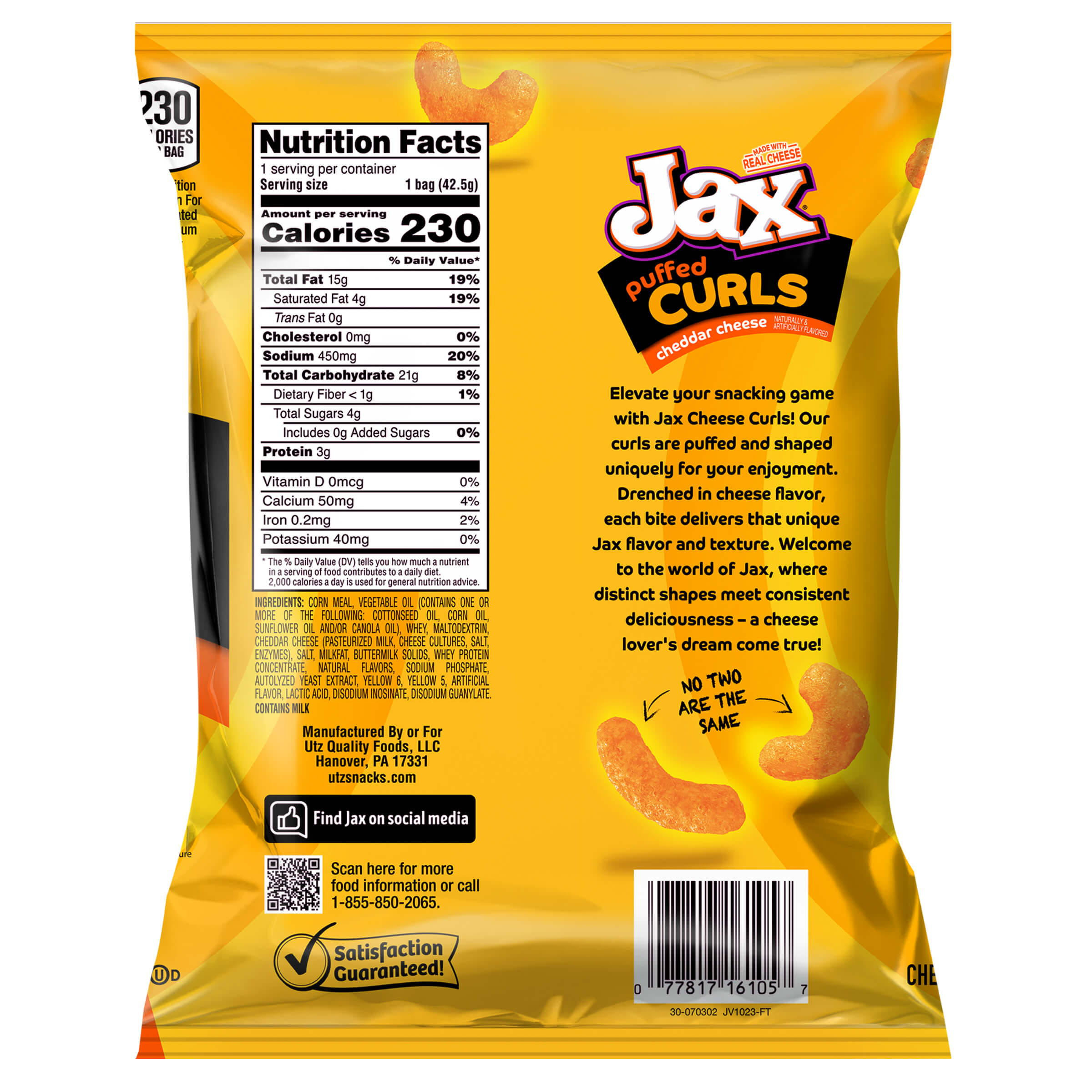 Back view of a Jax Puffed Curls snack package with nutritional information and branding.